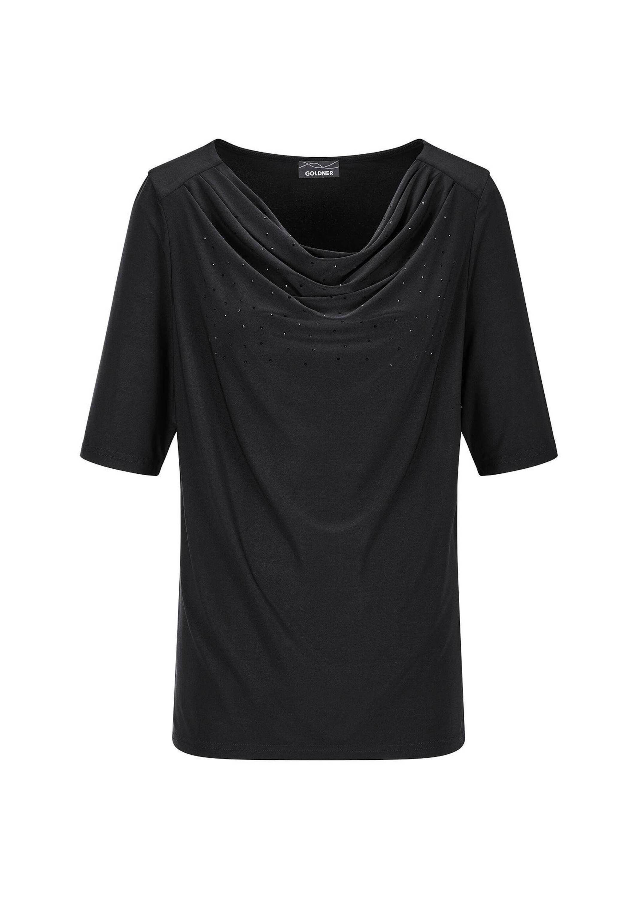 GOLDNER Kurzarmshirt "Jerseyshirt mit Glitzersteinen" Ton in Ton Hotfix am Wasserfallausschnitt