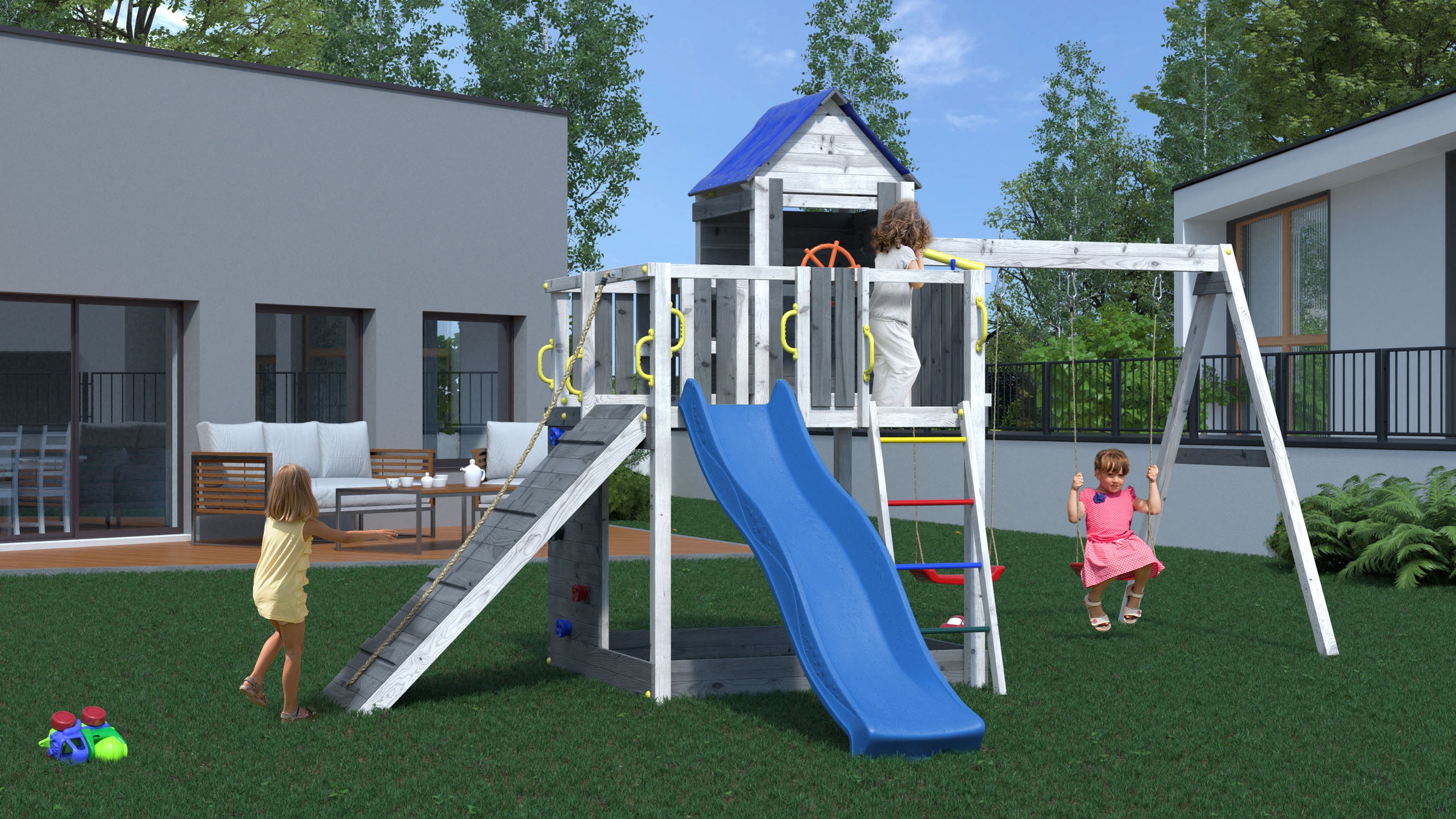 FUNGOO Spielturm »Treehouse« mit Spielhaus, Rutsche, Doppelschaukel, Kletterwand