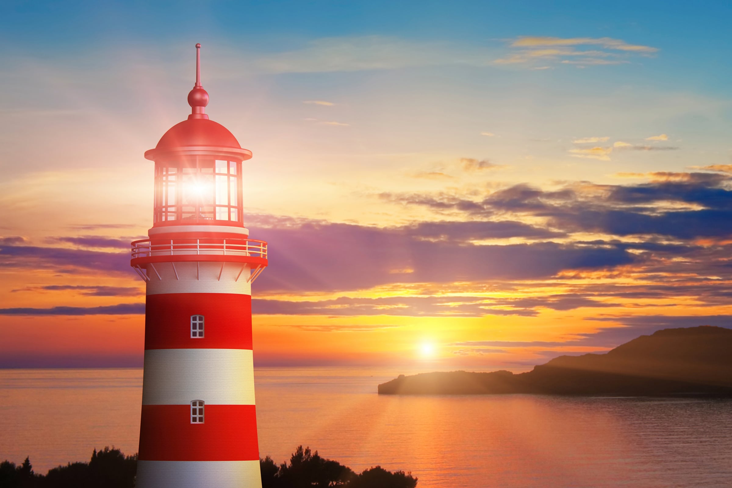 Papermoon Fototapete »LEUCHTTURM-SONNENUNTERGANG WIESE MEER OZEAN KÜSTE BERGE«