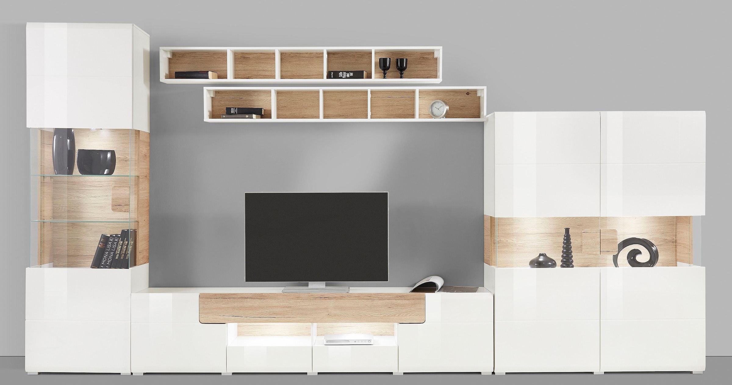 INOSIGN Wohnwand »Toledo,Breite 391cm stilvolle Mediawand ohne Beleuchtung«, (Set, 5 St.), Anbauwand(Vitrine,Lowboard,Highboard,2xHängeregal)MDF Hochglanzfronten