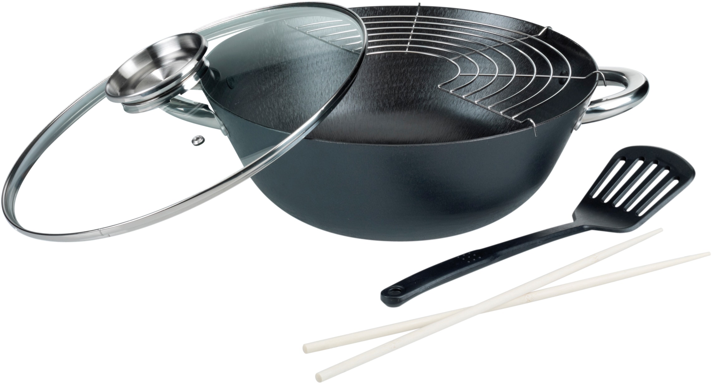 GSW Topf-Set »Gourmet Granit«, Gusseisen, (Set, 4 tlg., 1 Bräter 32cm, 1 Wok Ø32cm, mit Deckel, Gittereinsatz, Pfannenwender), Induktion