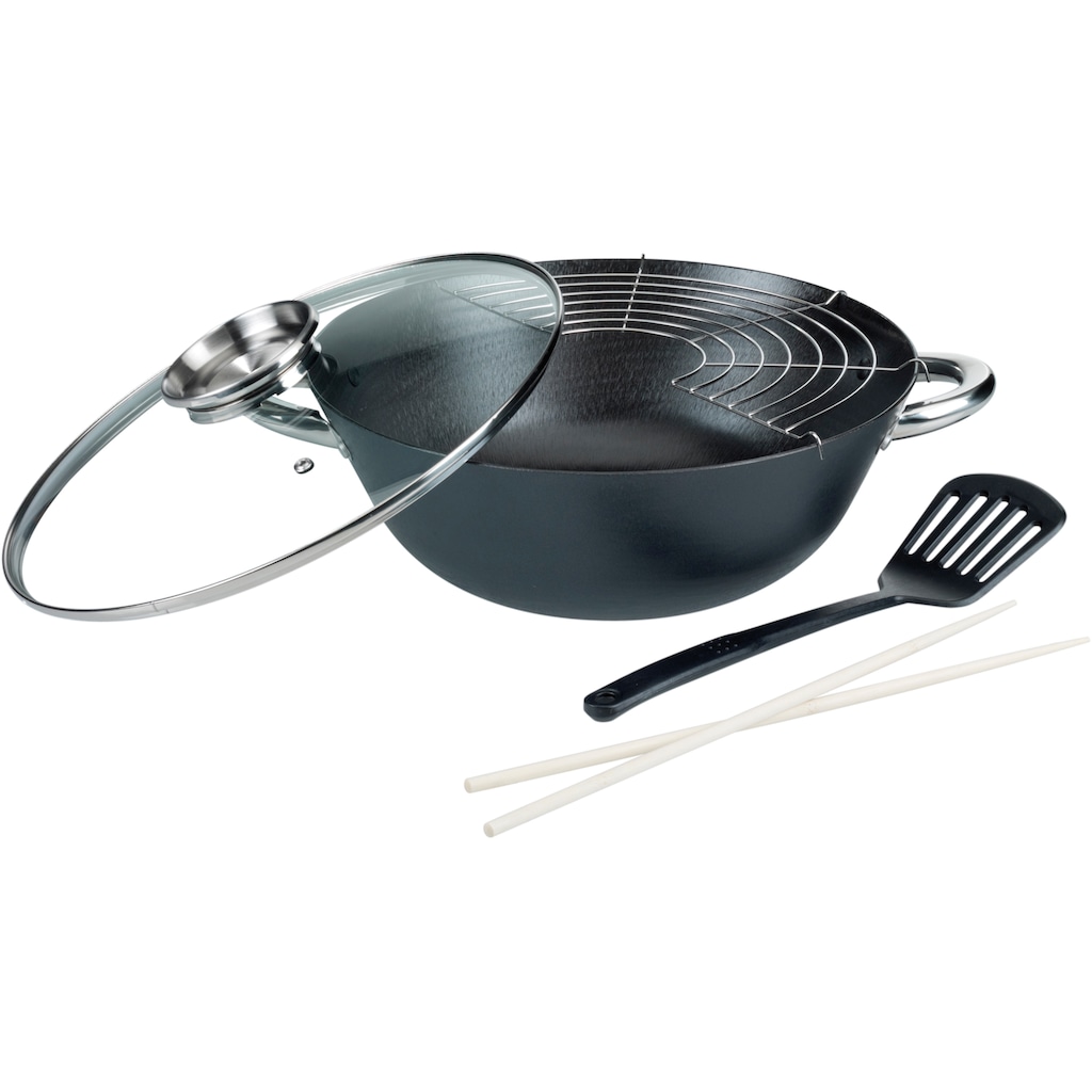 GSW Topf-Set »Gourmet Granit«, Gusseisen, (Set, 4 tlg., 1 Bräter 32cm, 1 Wok Ø32cm, mit Deckel, Gittereinsatz, Pfannenwender)