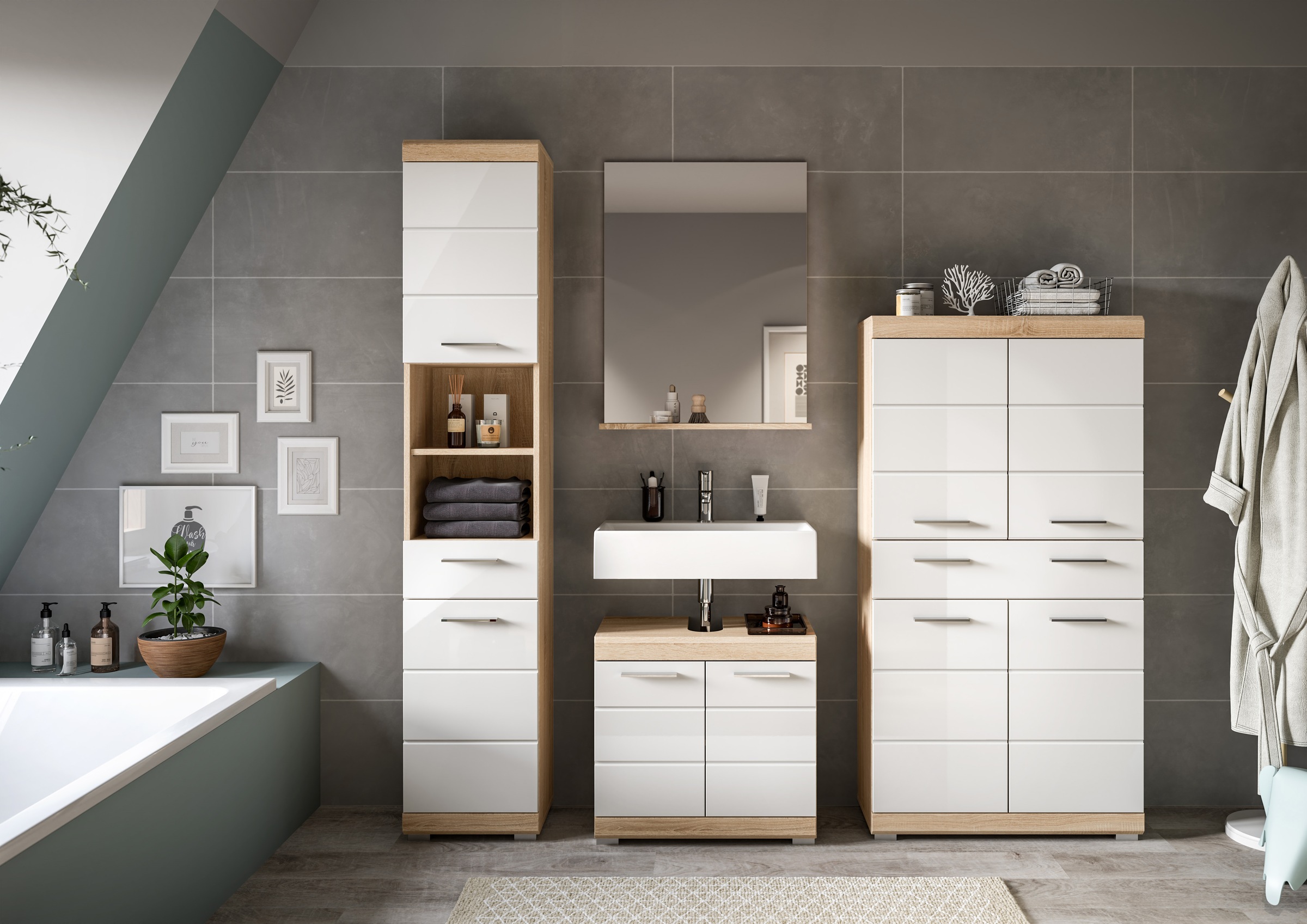 INOSIGN Badmöbel-Set »Siena, 4 teilig, bestehend aus:«, (Set), Hochschrank, Waschbeckenunterschrank, Badspiegel, Hochschrank breit