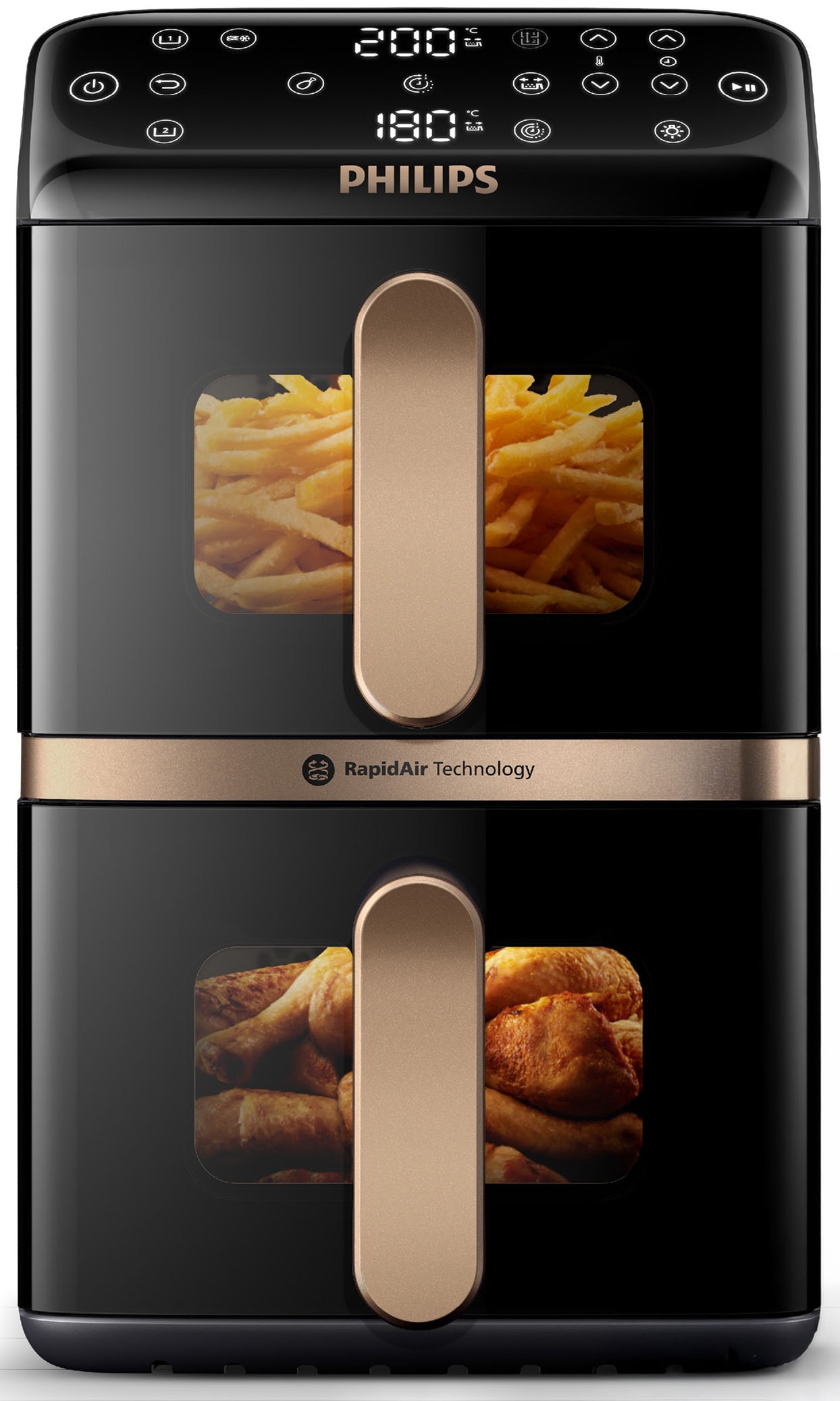 Philips Heißluftfritteuse »NA462/70 4000 Series Stacked Dual Basket und 10L Kapazität (5+5L)« 2750 W Fassungsvermögen 0 l RapidAir Technologie; Schwarz/Dunkelgrau, kupfer Griff