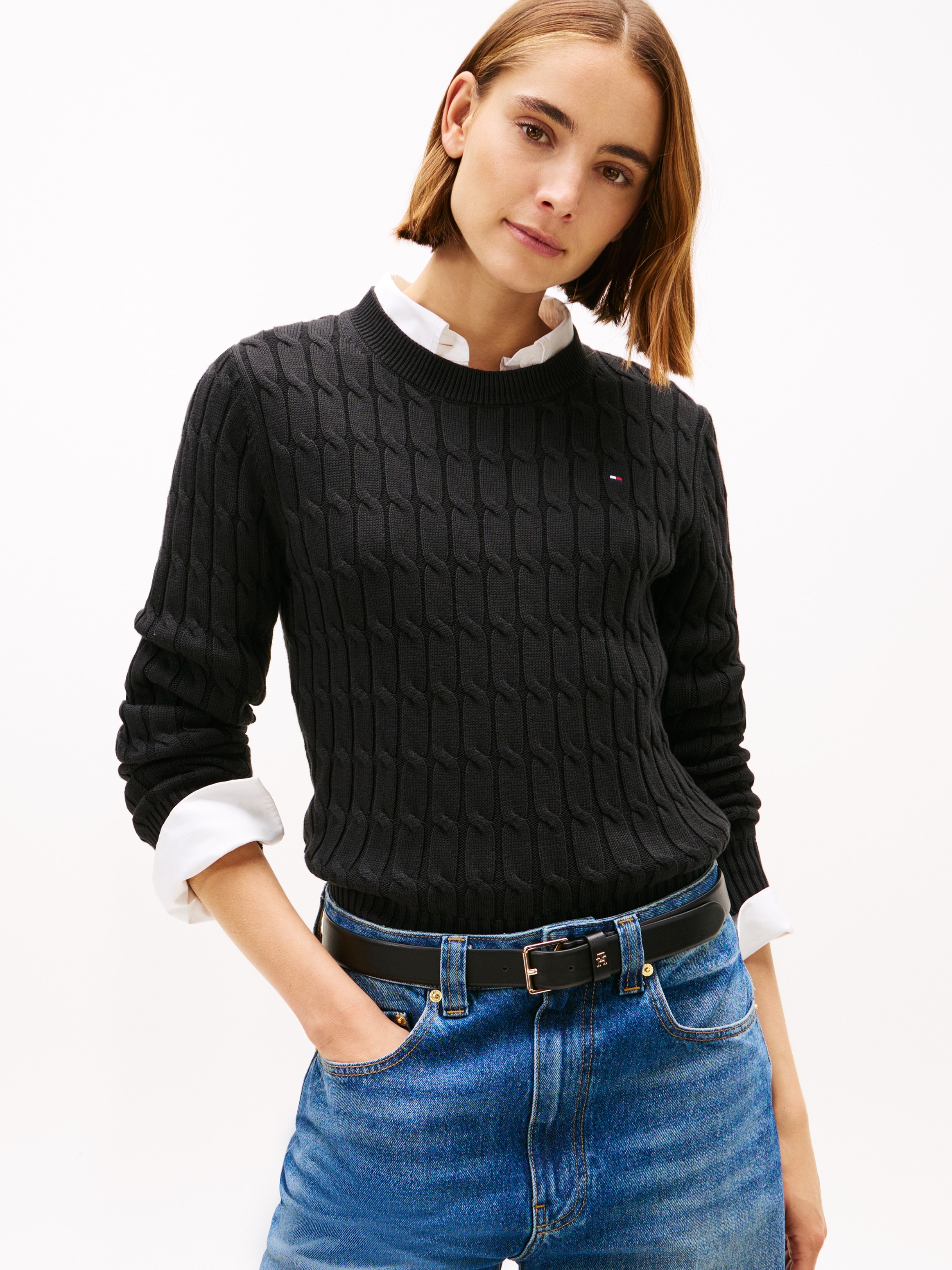 Tommy Hilfiger Rundhalspullover "CO CABLE MID GG C-NK LS SWT" mit Zopfmuste günstig online kaufen