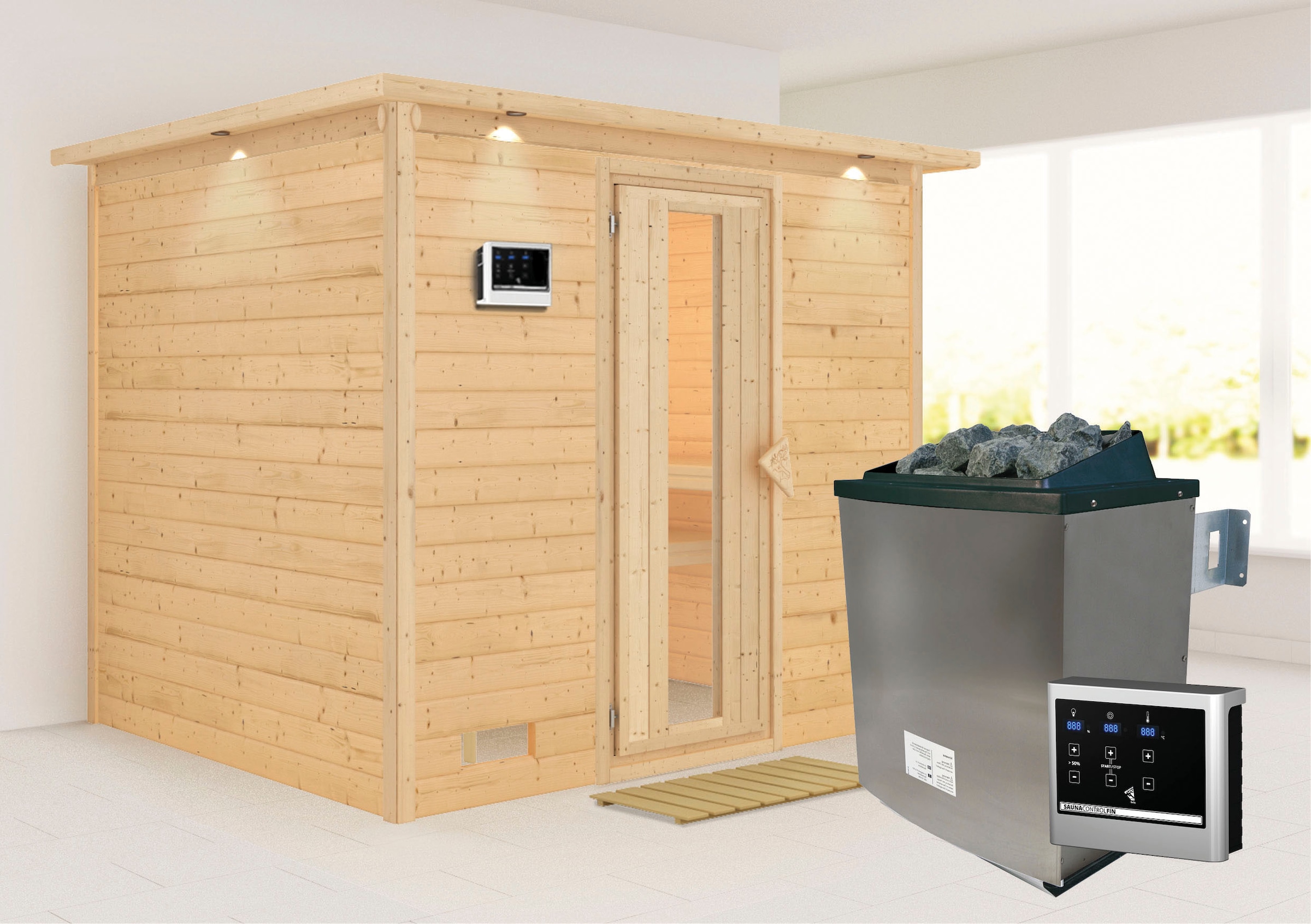 Karibu Sauna "Soraja" Set, Ofen 9 KW externe Strg easy