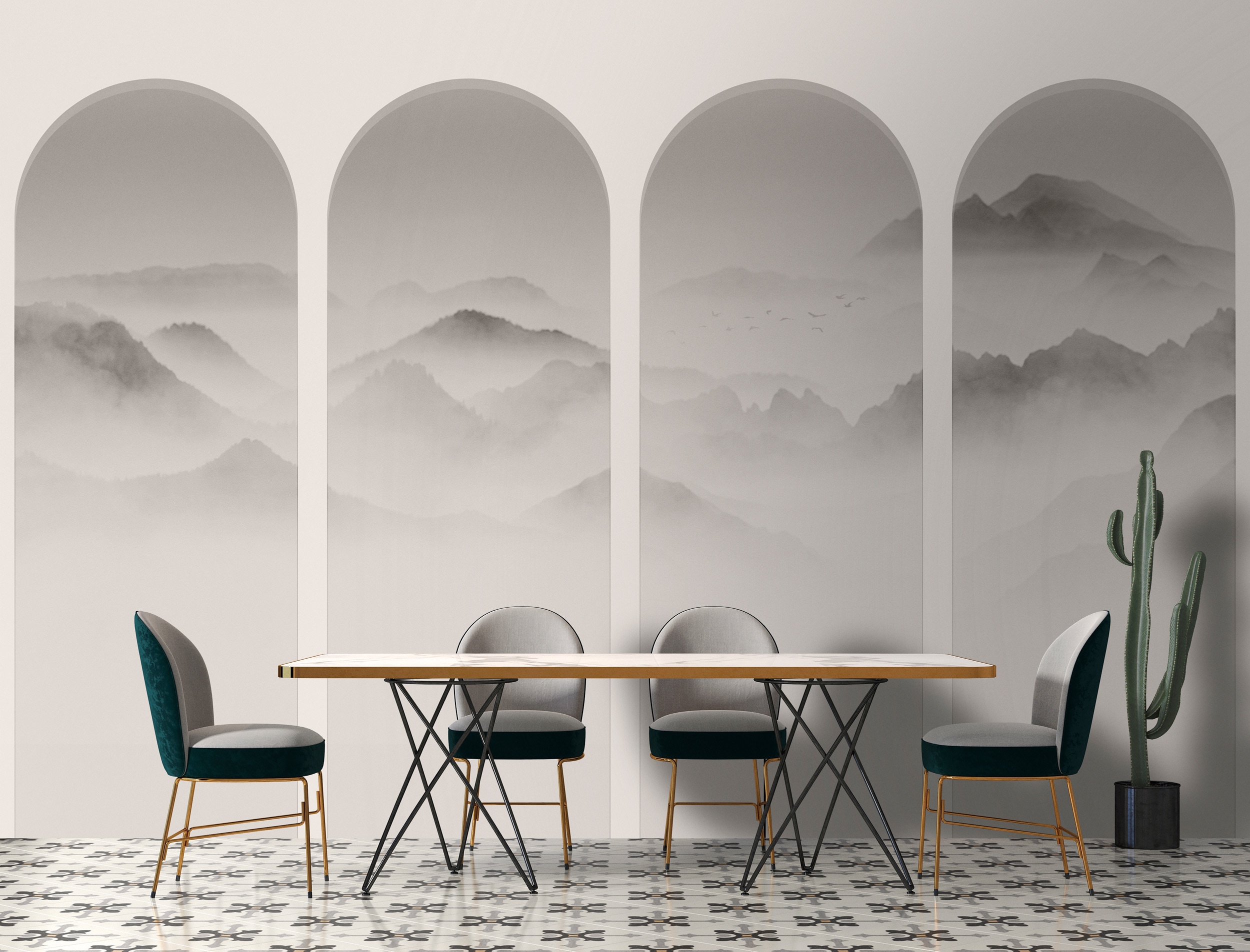 living walls Vliestapete "Fototapete Berglandschaft Grau Beige Asiatisch" matt glatt