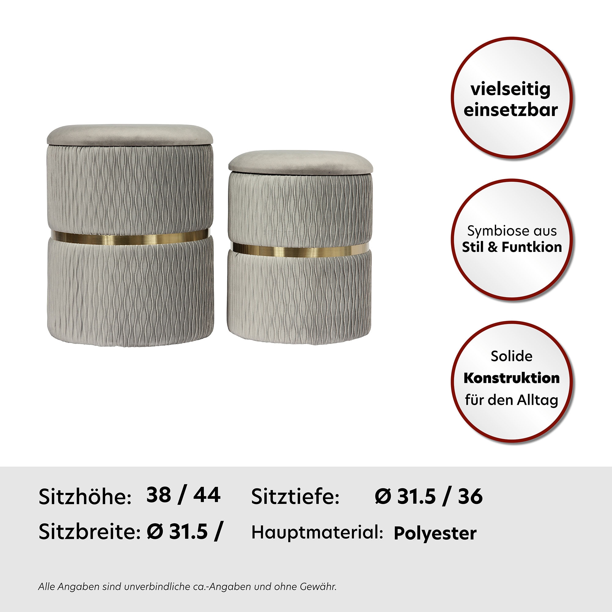 Kayoom Polsterhocker »Hocker Zora 425 2er-Set, Praktischer und versteckter Stauraum«, (Set, 2 St.), 2er-Set mit Stauraum, ineinander stapelbar, goldener Ring