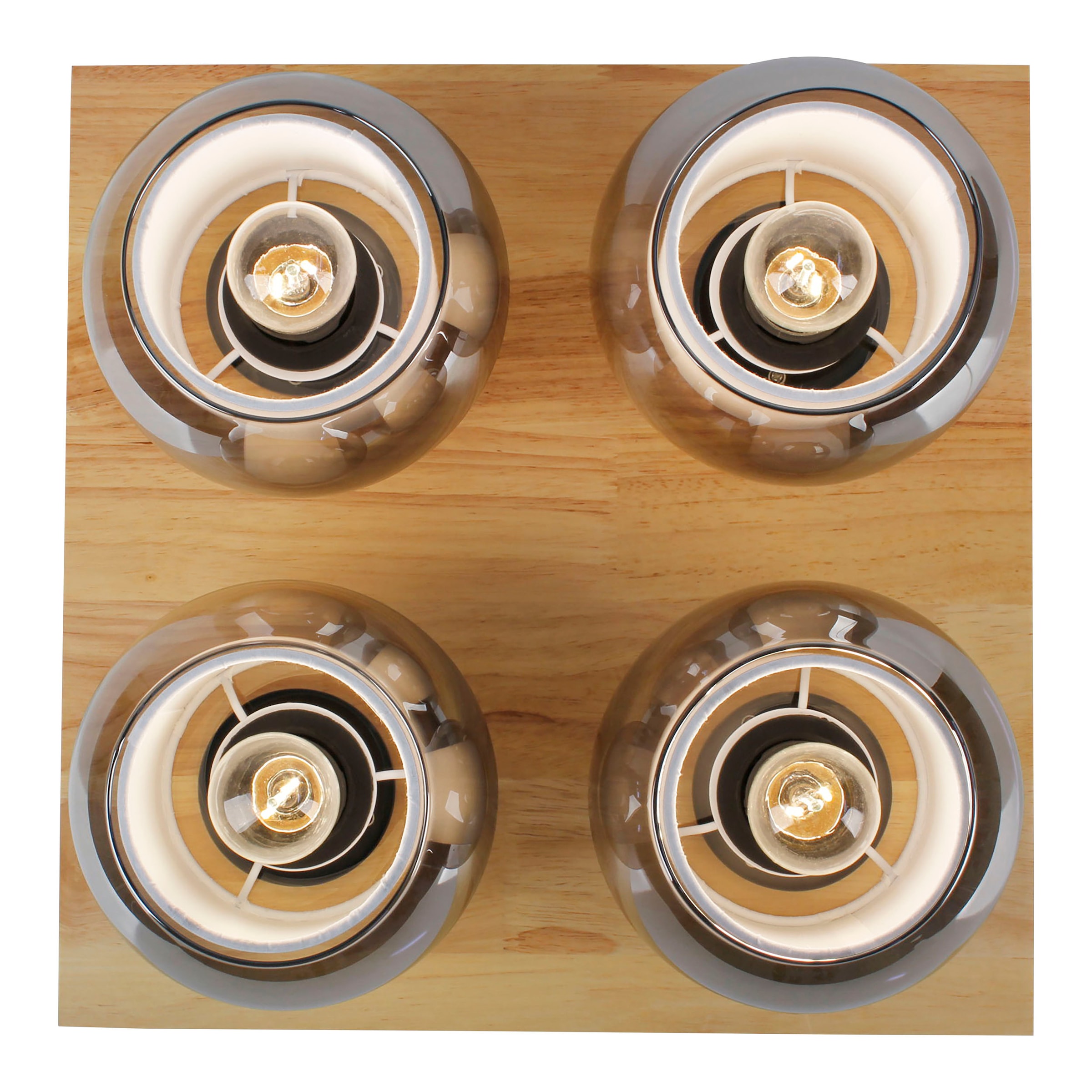 näve Deckenleuchte »Texas« E27 1 Stk. Glasschirme smokey, naturfarbenes Holzdetail, 4x E27, quadratisch