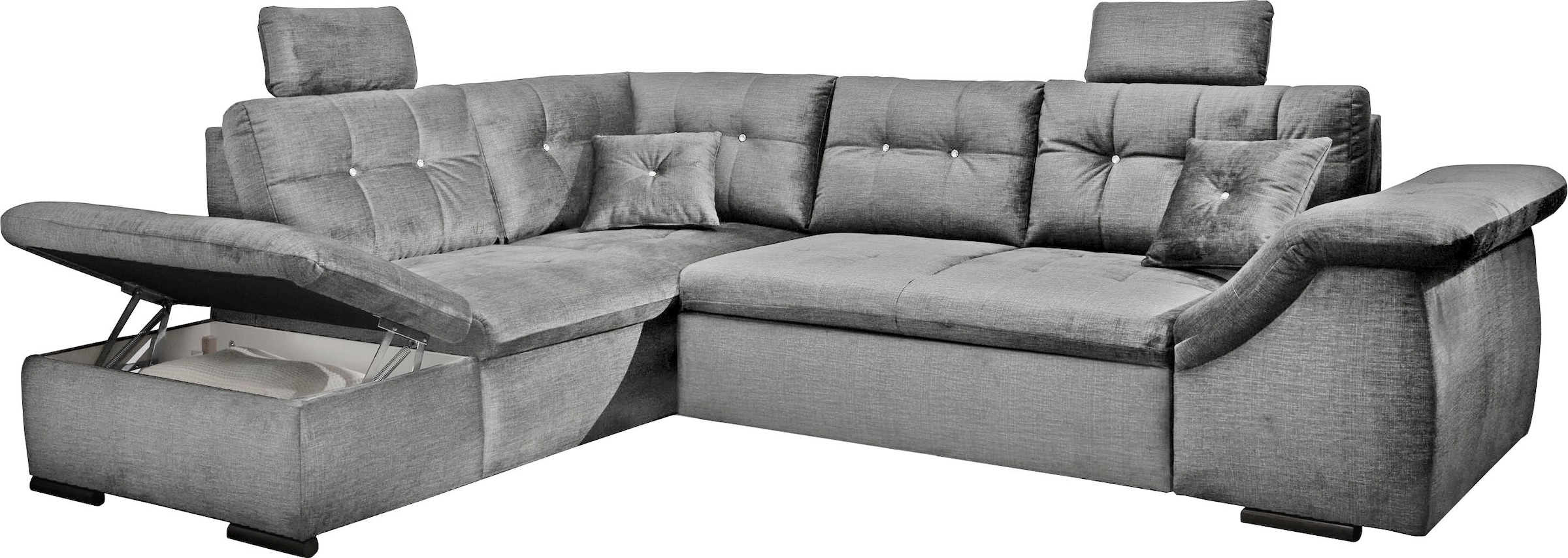 ED EXCITING DESIGN Ecksofa »Bolonia L-Form«, mit Bettfunktion, Bettkasten, Kopfstützen & 2 Zierkissen, Strasstein