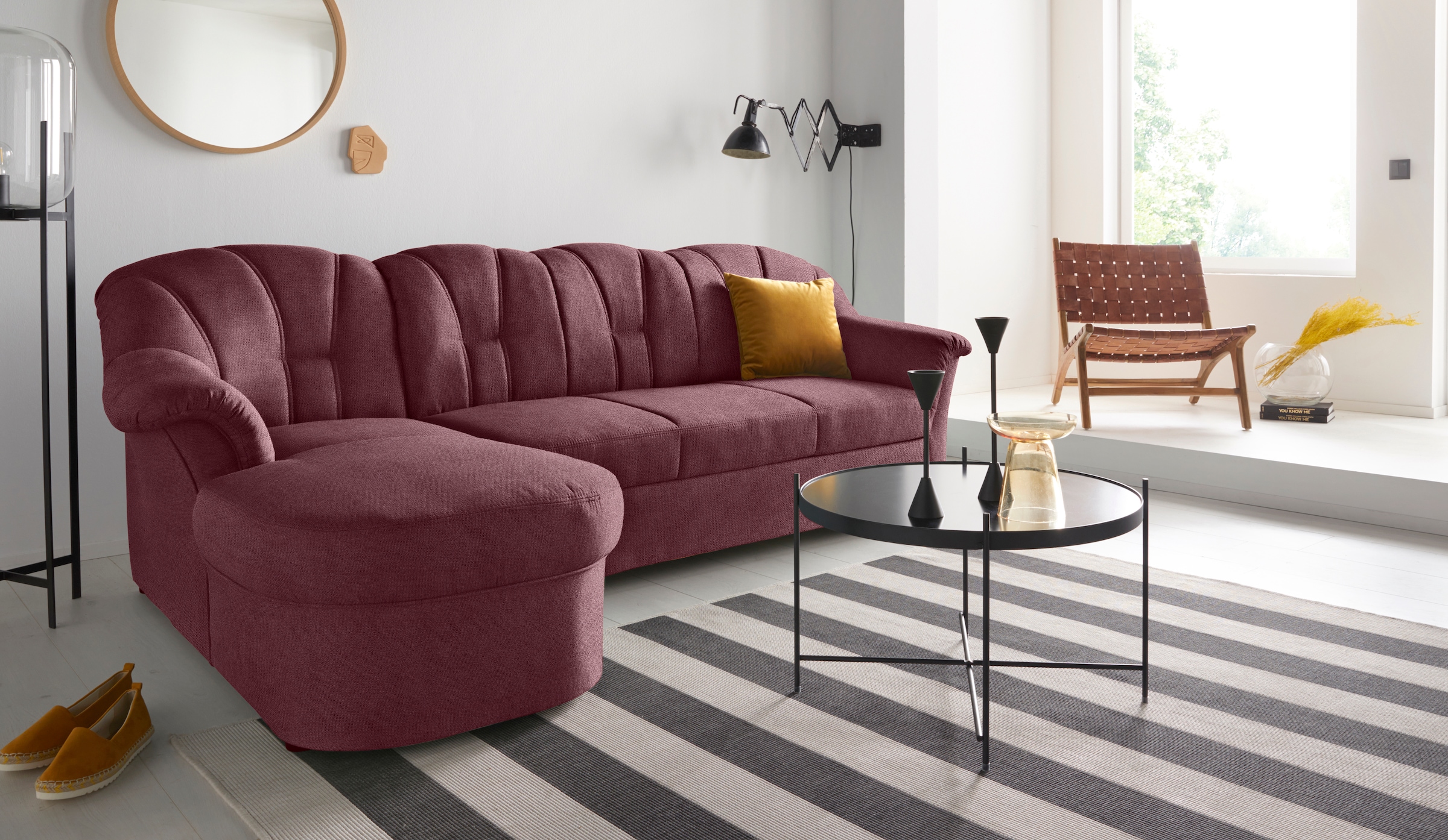 DOMO collection Ecksofa "Papenburg, zeitlose Rückensteppung, elegante Formensprache, L-Form" in großer Farbvielfalt, wahlweise mit Bettfunktion