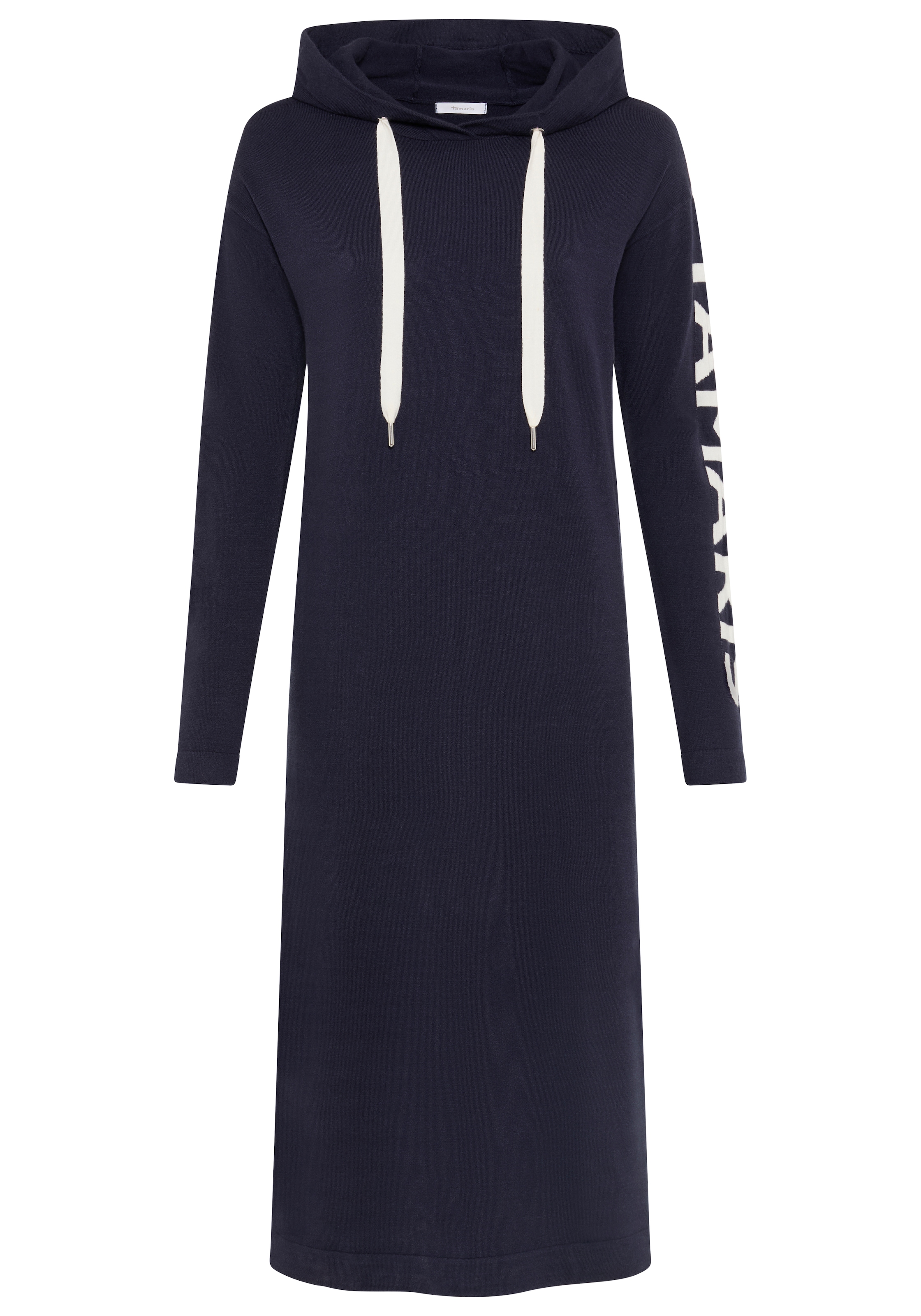 Tamaris Strickkleid »mit Kapuze und Kordelzug, lässig geschnitten, wadenlang« Seitennahttaschen mit Schriftzug-Details an den Ärmeln