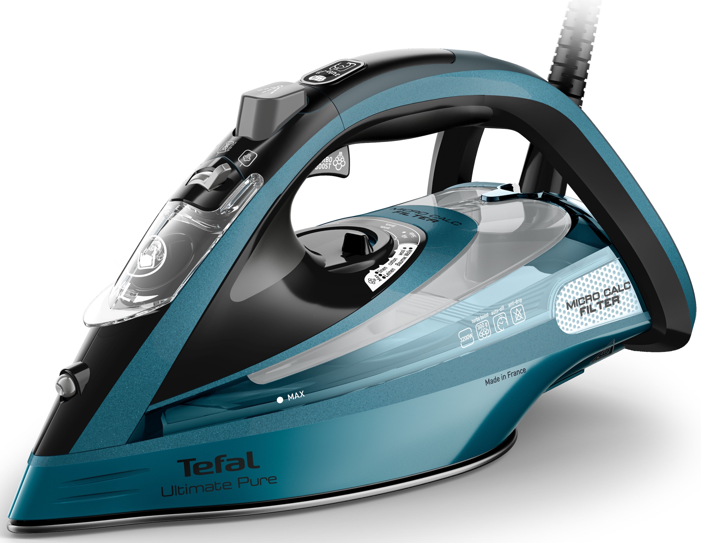 TEFAL Dampfbügeleisen "Ultimate Pure, Autoclean-Bügelsohlen-Technologie, kurze Aufheizzeit", schwarz, blau, B:15,2cm H:15,5cm T:31,7cm, Bügeleisen, Tr