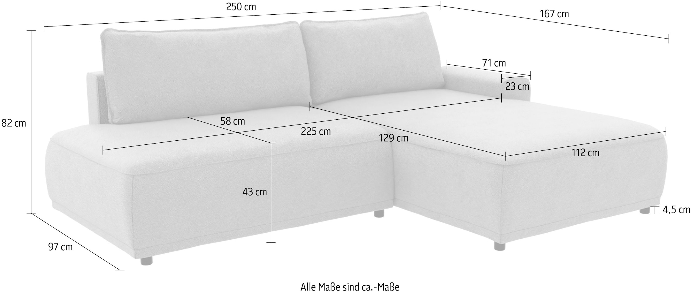 TRENDMANUFAKTUR Ecksofa »Fordon II, Schlafsofa mit Bettkasten, Couch in L-Form, Breite 250 cm«, in Struktur fein LEO, haustierfreundlich, wollweiß, Armlehne rechts