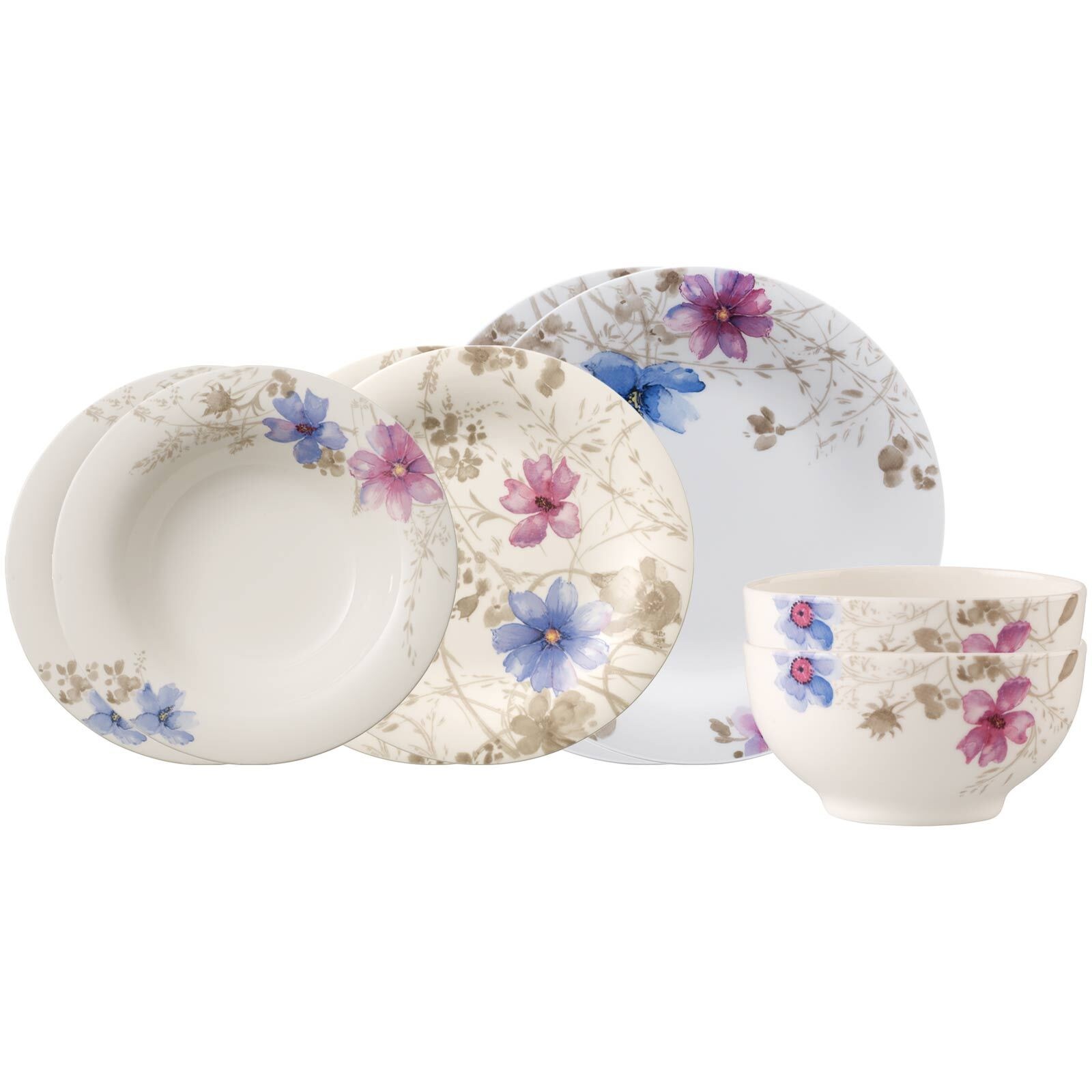 Villeroy & Boch Geschirr-Set "Einsteiger-Set Mariefleur Gris Basic 8er Set bunt" Spülmaschinengeeignet, Mikrowellenfest