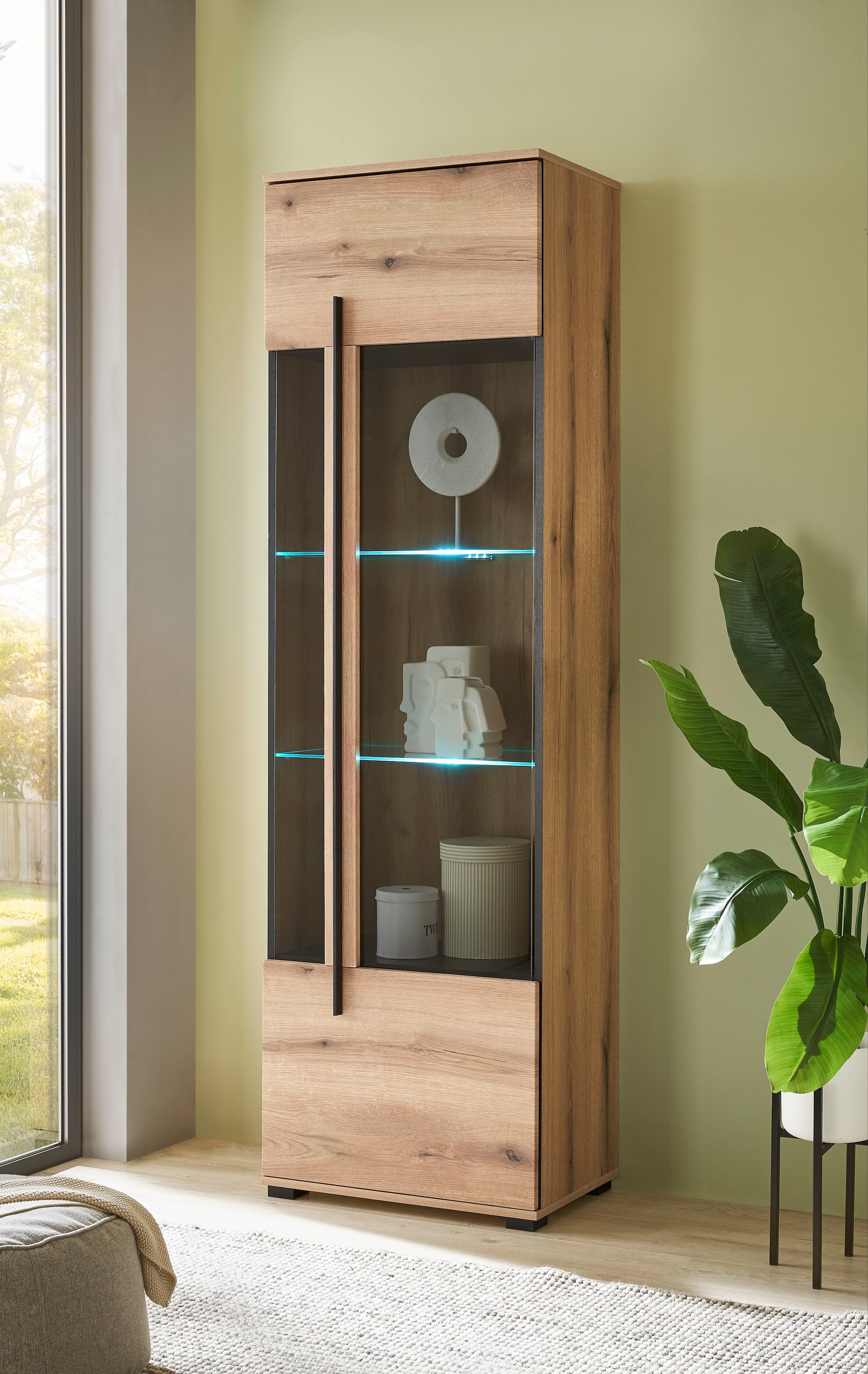 INOSIGN Vitrine »Cantara, Vitrinenschrank in Eiche Evoke oder weiß, Standvitrine«, schwarzer Stangengriff, ausreichend Stauraum, vielseitig einsetzbar