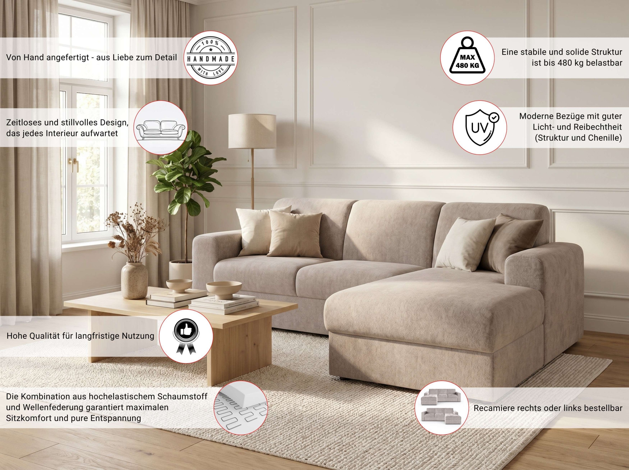 OTTO home Ecksofa »BORNHOLM 2.0 L-Form, Breite 220 cm, Verlässliche Qualität, Chenille« Recamiere links/rechts bestellbar, Bezug - Chenille oder Struktur