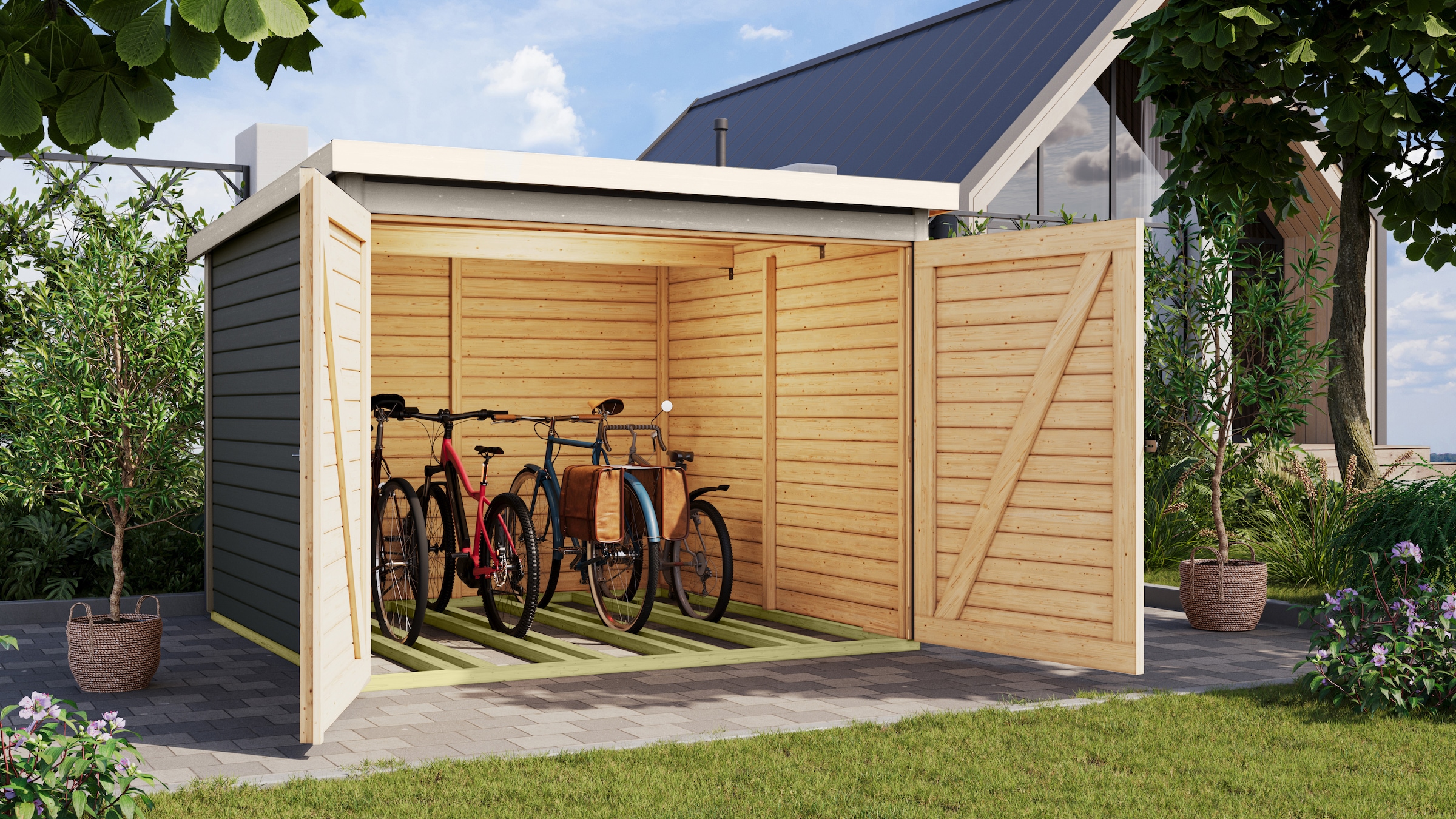 Fahrradbox KARIBU, B:212,5cm H:167cm T:216,5cm, grau, Holzwerkstoff, Garten, Aufbewahrungsboxen, "Fahrradgarage 4", in verschiedenen Farben, BxTxH: