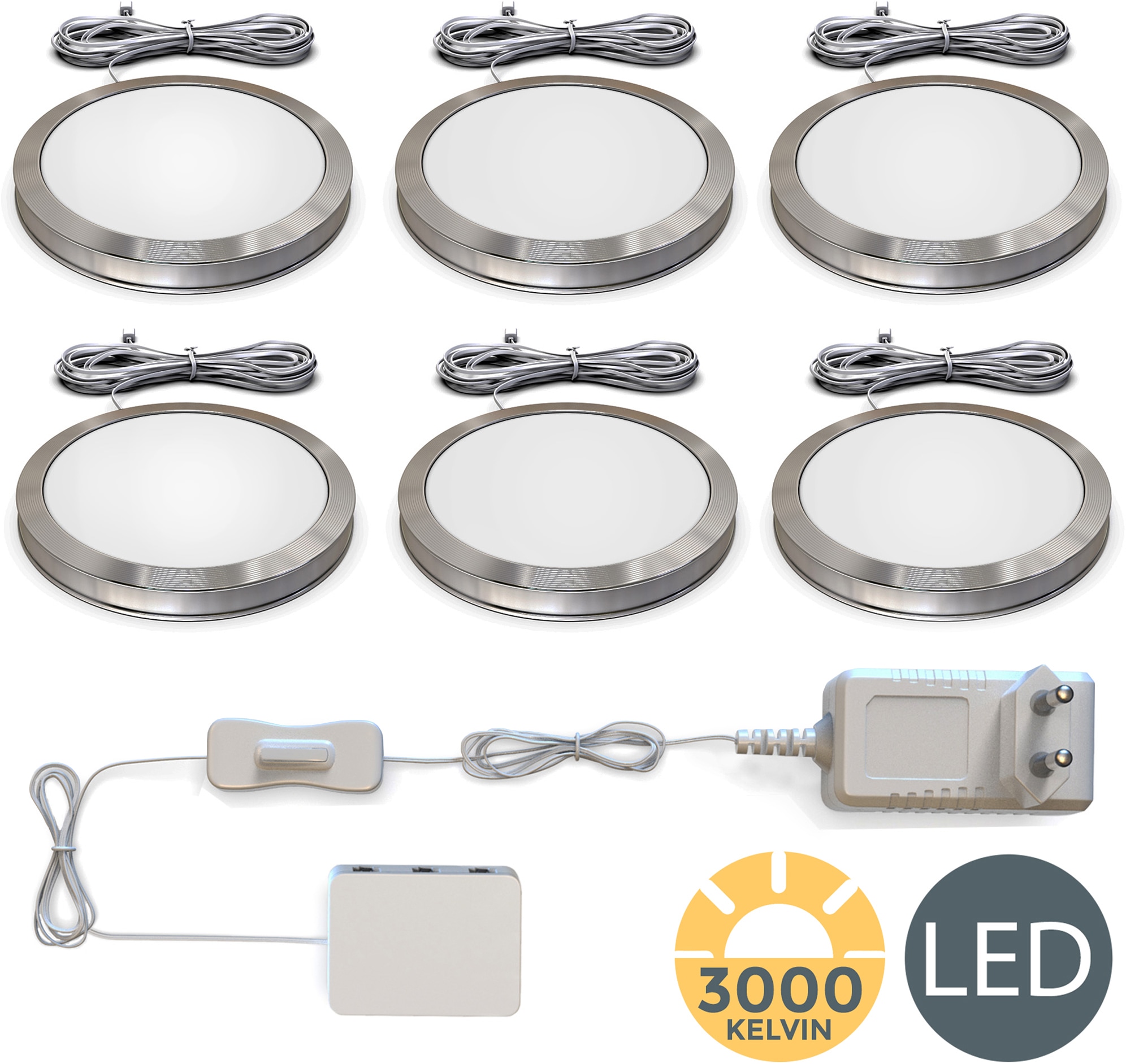 B.K.Licht Unterschrankleuchte, 6 flammig, Leuchtmittel LED-Board | LED fest integriert, Schranklicht, Unterbauleuchte, flach, Aufputz-Strahler, Spots, 6er SET