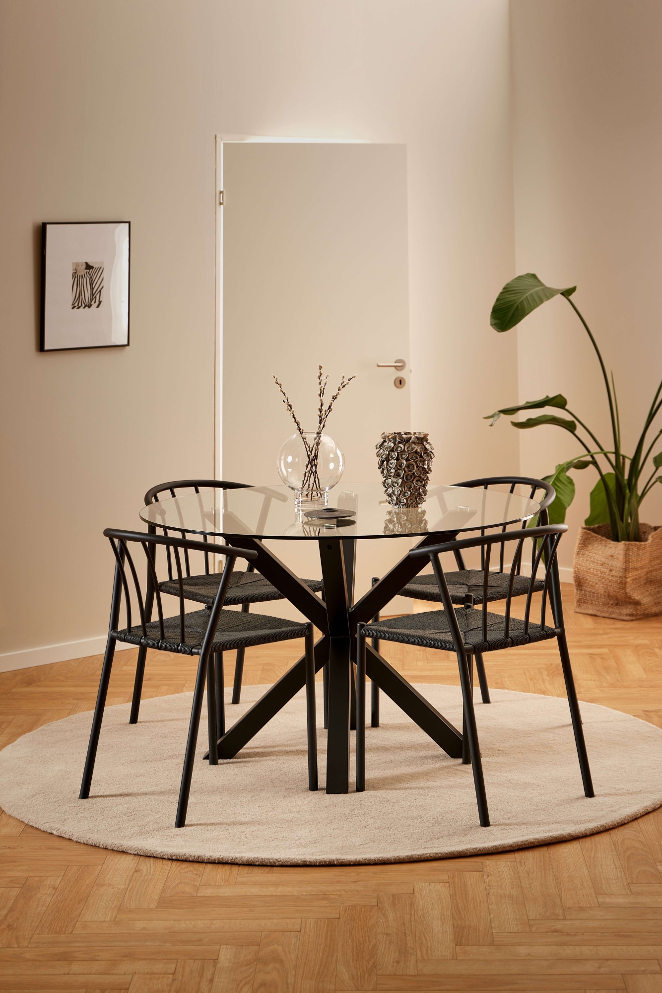 Heaven Round Dining Table with Clear Glass Top and Black Legs, none