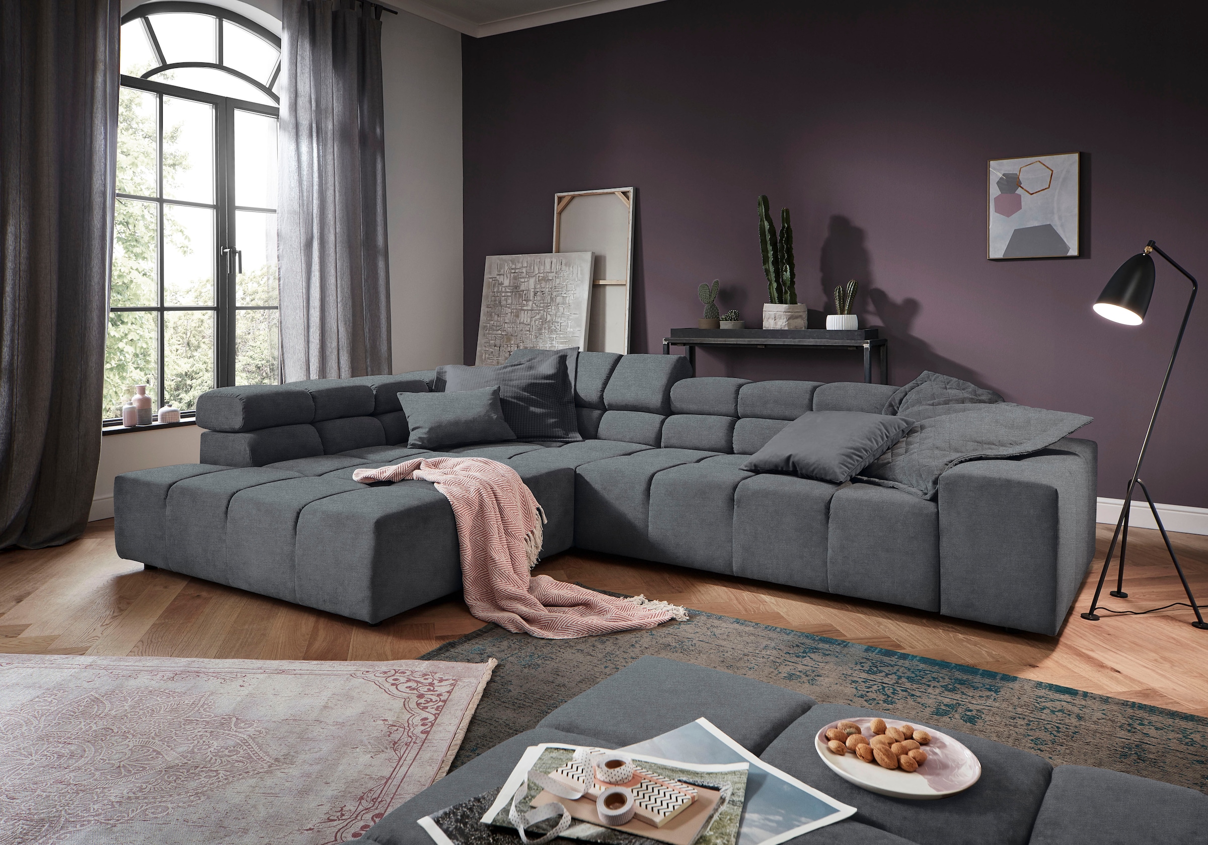 Home affaire Ecksofa "Ancona, Ecksofa, incl. Kopfteilverstellung, Breite 319 cm, L-Form" wahlweise motorische Sitztiefenverstellung, auch in Cord + Easy Care
