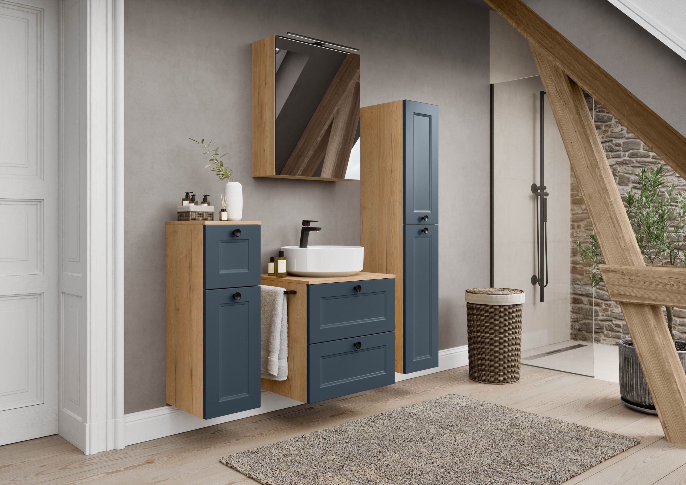 nobilia® Badmöbel-Set »Cascada« Set, inkl.  Aufsatzwaschbecken und Spiegelschrank mit Beleuchtung, 2 Stk. tlg.