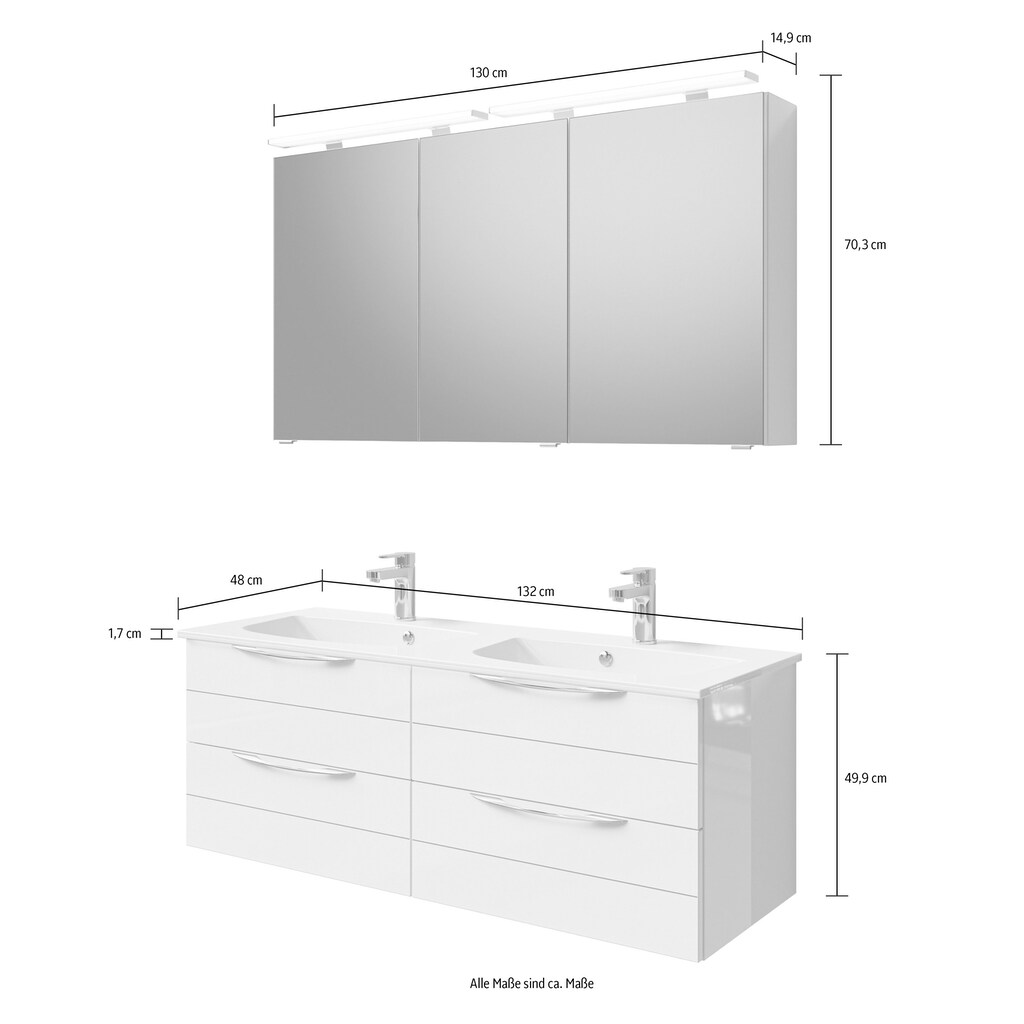 Saphir Badmöbel-Set »Serie 6025 2-teilig Mineralmarmor-Waschtisch mit LED-Spiegelschrank«, (2 St.)