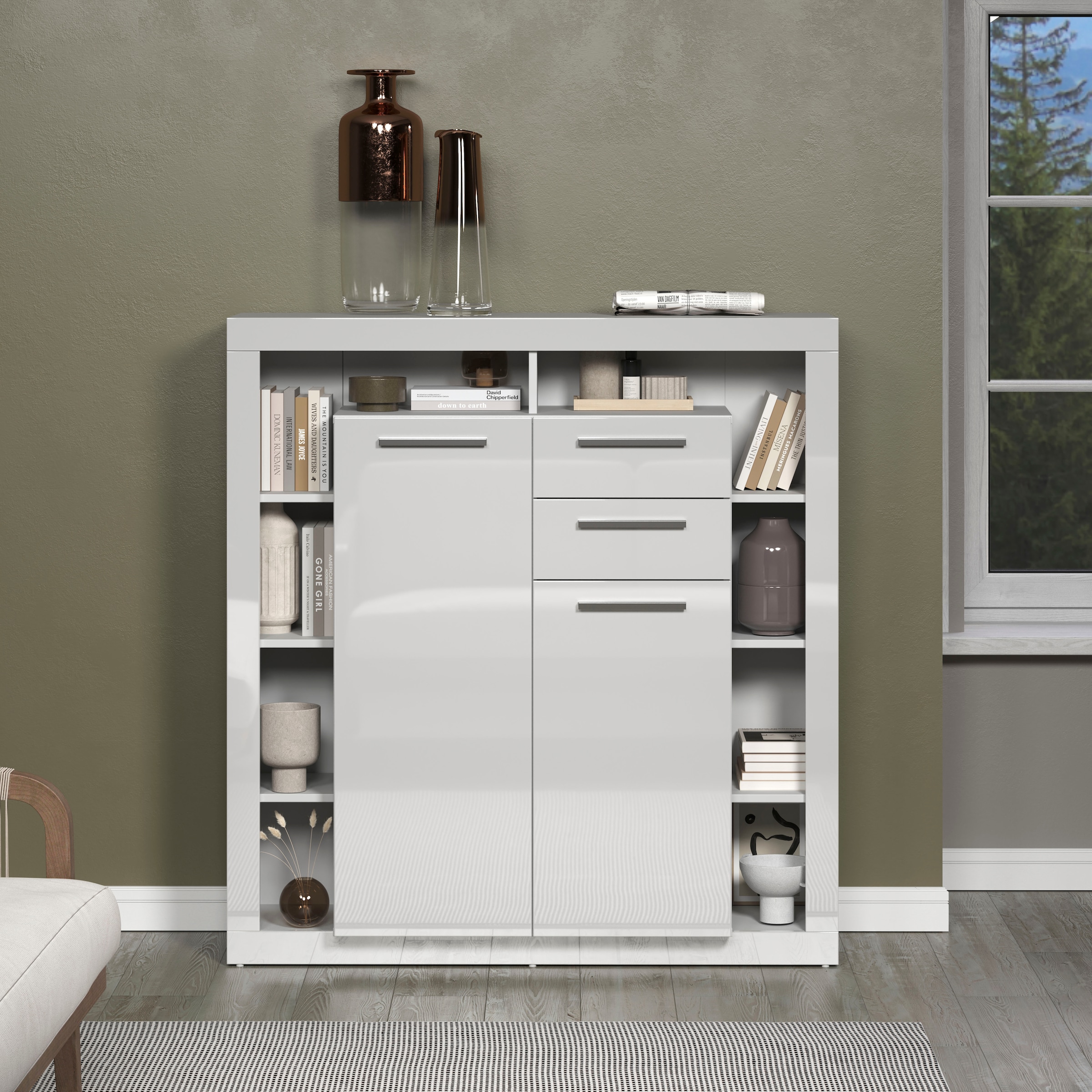 INOSIGN Highboard »Gwendolyn«, (1 St.), Moderner Wohnzimmerschrank mit vielen Ablagen - (B/T/H) 121/40/128 cm