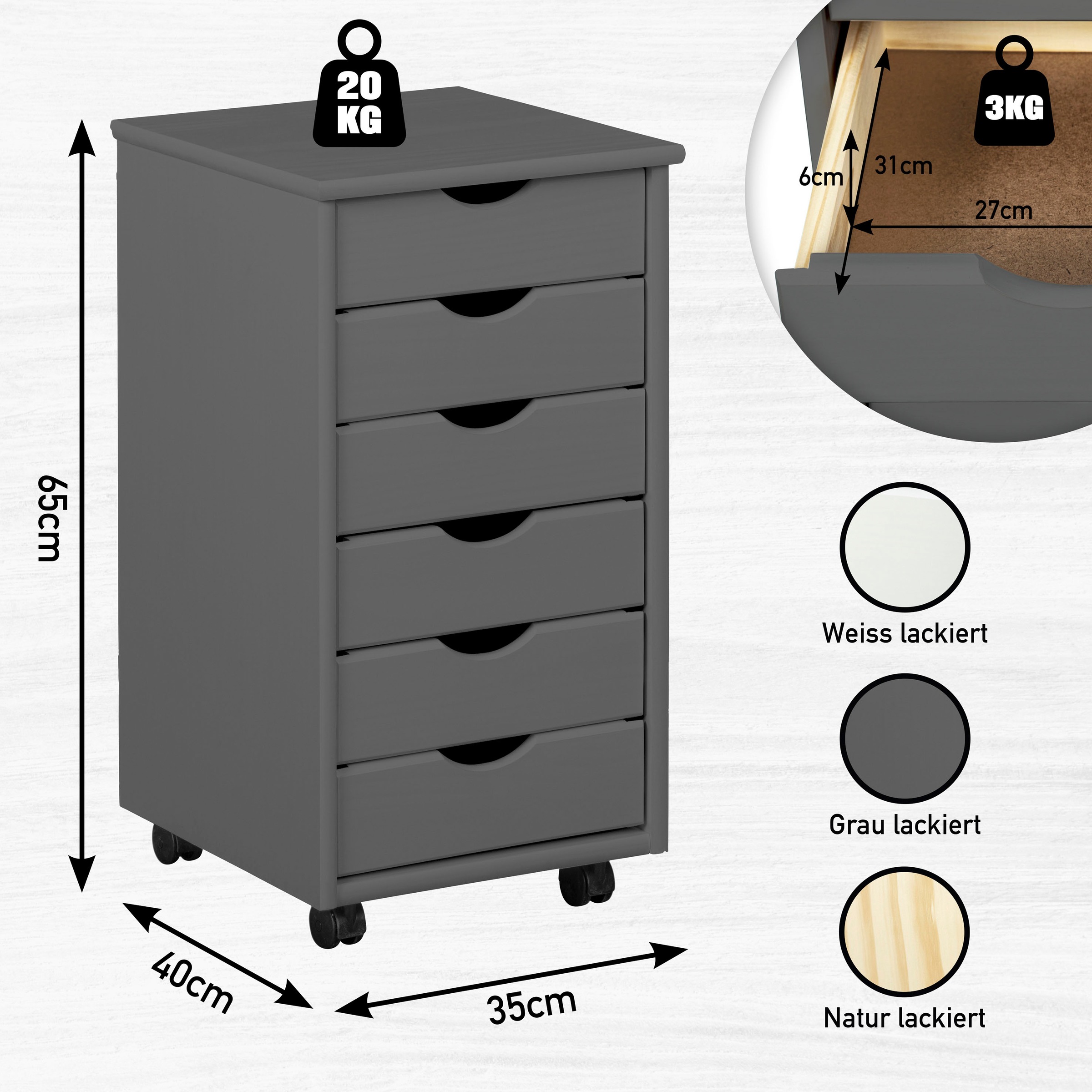 Inter Link Rollcontainer »Simon aus massivem Kiefernholz, auf rollen, grau lackiert« 1 Stk. tlg. Bürocontainer mit 6 Schubladen, grifflos, 35 x 39 x 65,6 cm