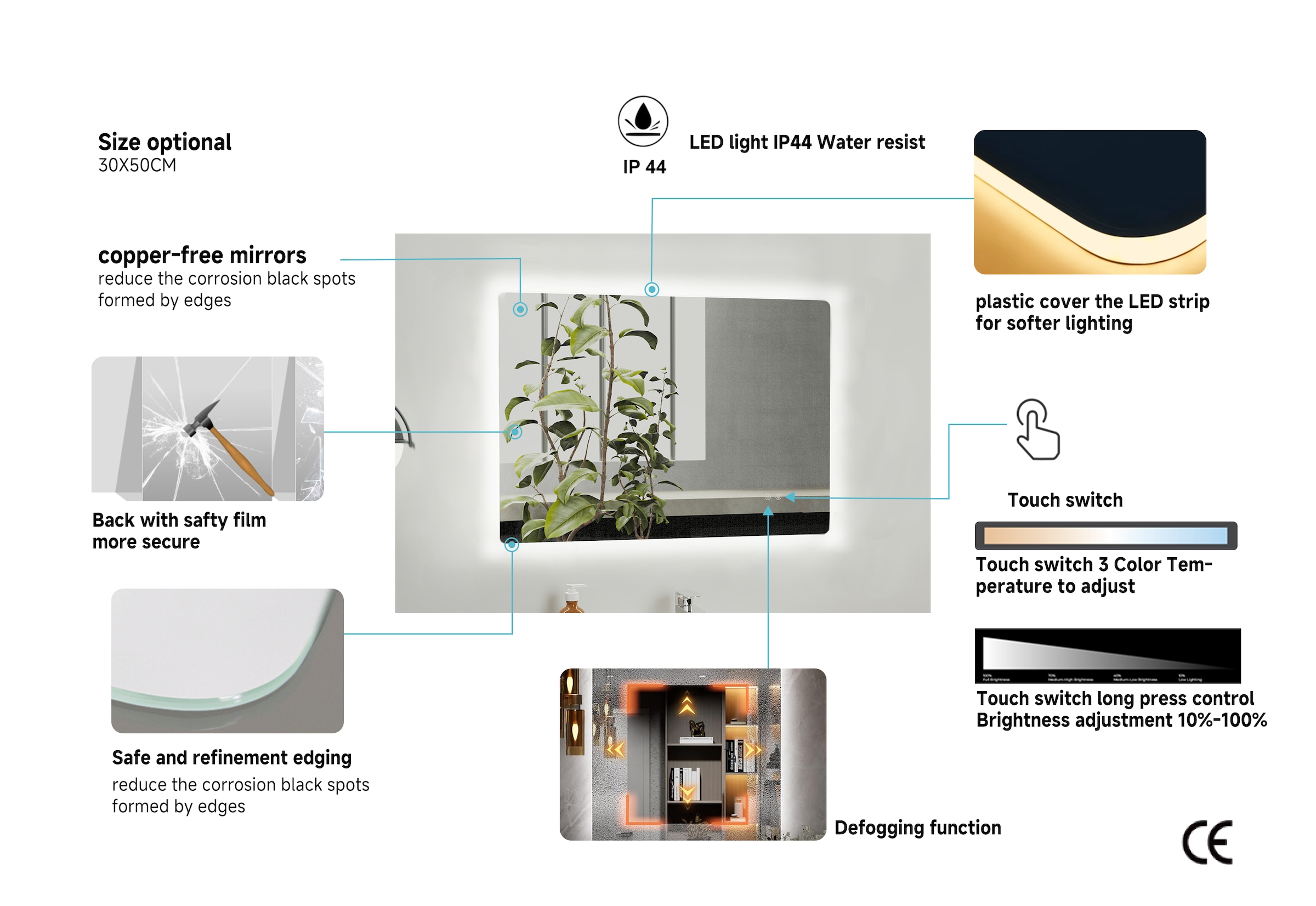 welltime LED-Lichtspiegel »Toledo eckig, Spiegel mit LED Beleuchtung, Badspiegel« mit Anti-Fog Beschichtung