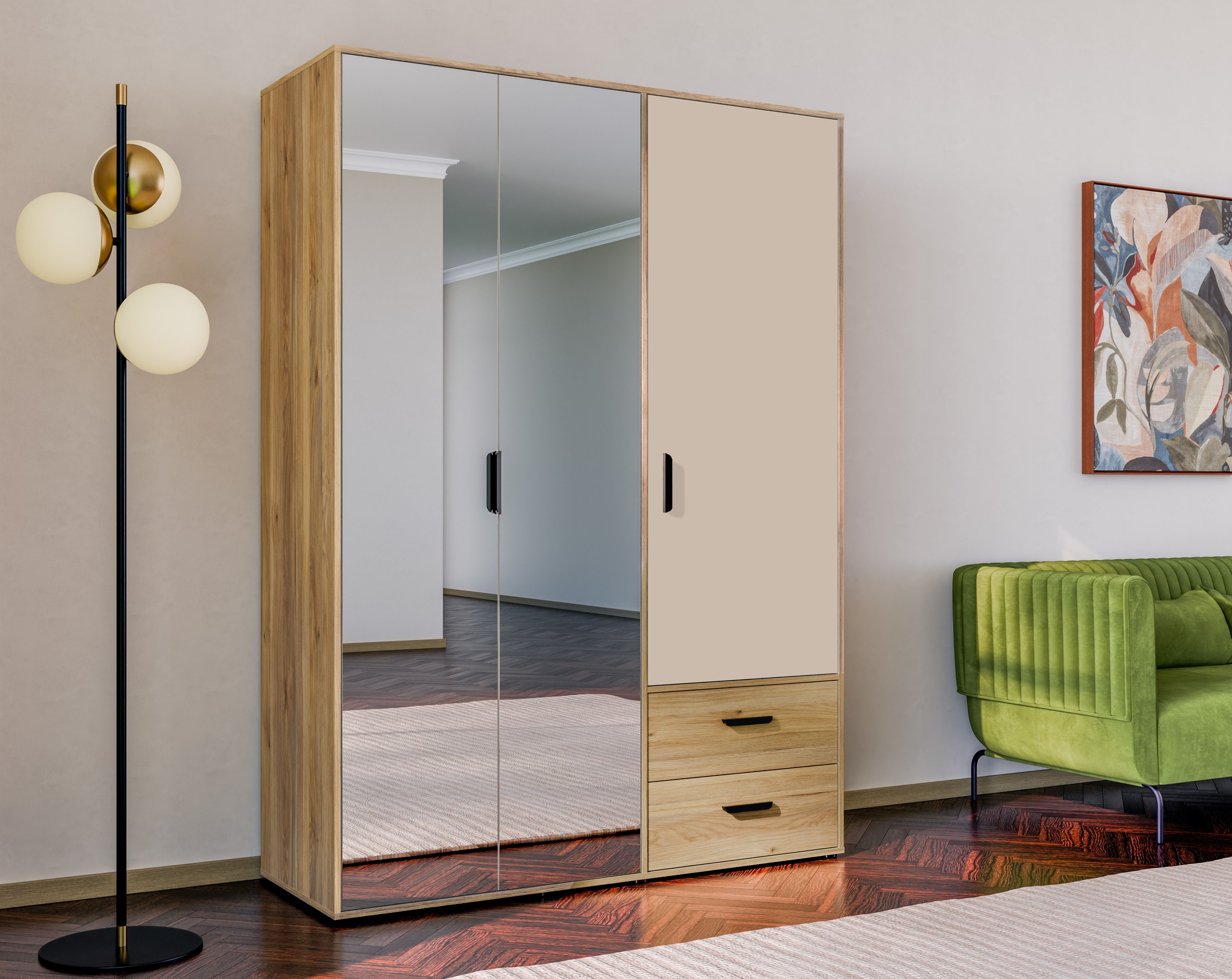 FORTE Drehtürenschrank »Schrank mit Spiegel, zeitloses Design, 3türig« viel Stauraum, Schubladen, Spiegeltürenm Höhe 200 cm