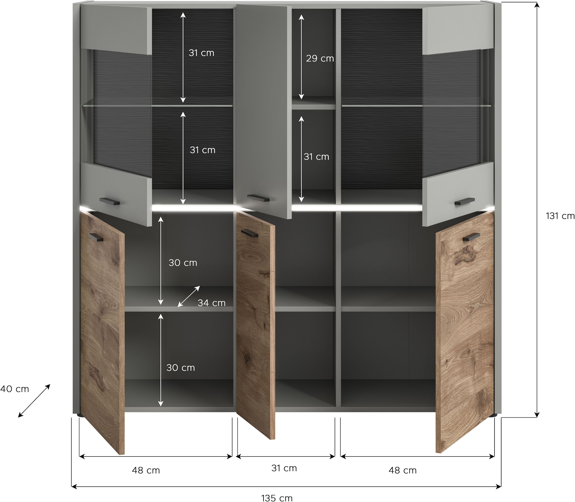 INOSIGN Highboard »Spezia, Höhe 131cm, in Hellgrau, 2 Glastüren, 2 Glasböden, 12 Fächer«, Hochschrank, Anrichte, Barschrank, Esszimmer-Schrank, Vitrine