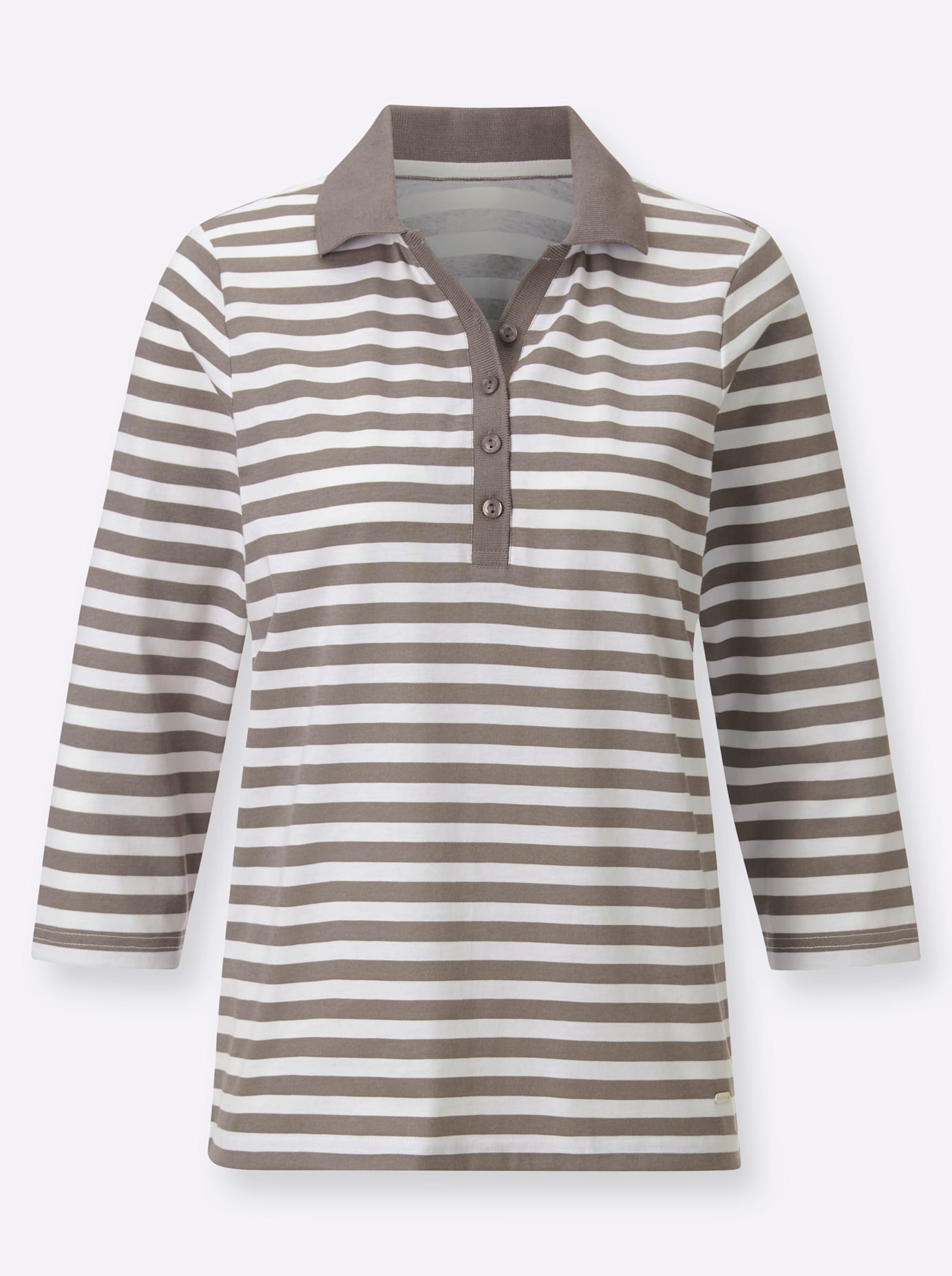 Poloshirt CASUAL LOOKS "Poloshirt", Damen, Gr. 44, grau (dunkeltaupe, weiß, geringelt), 100% Baumwolle, bedruckt, gemustert, gestreift, mehrfarbig, Shirts 2