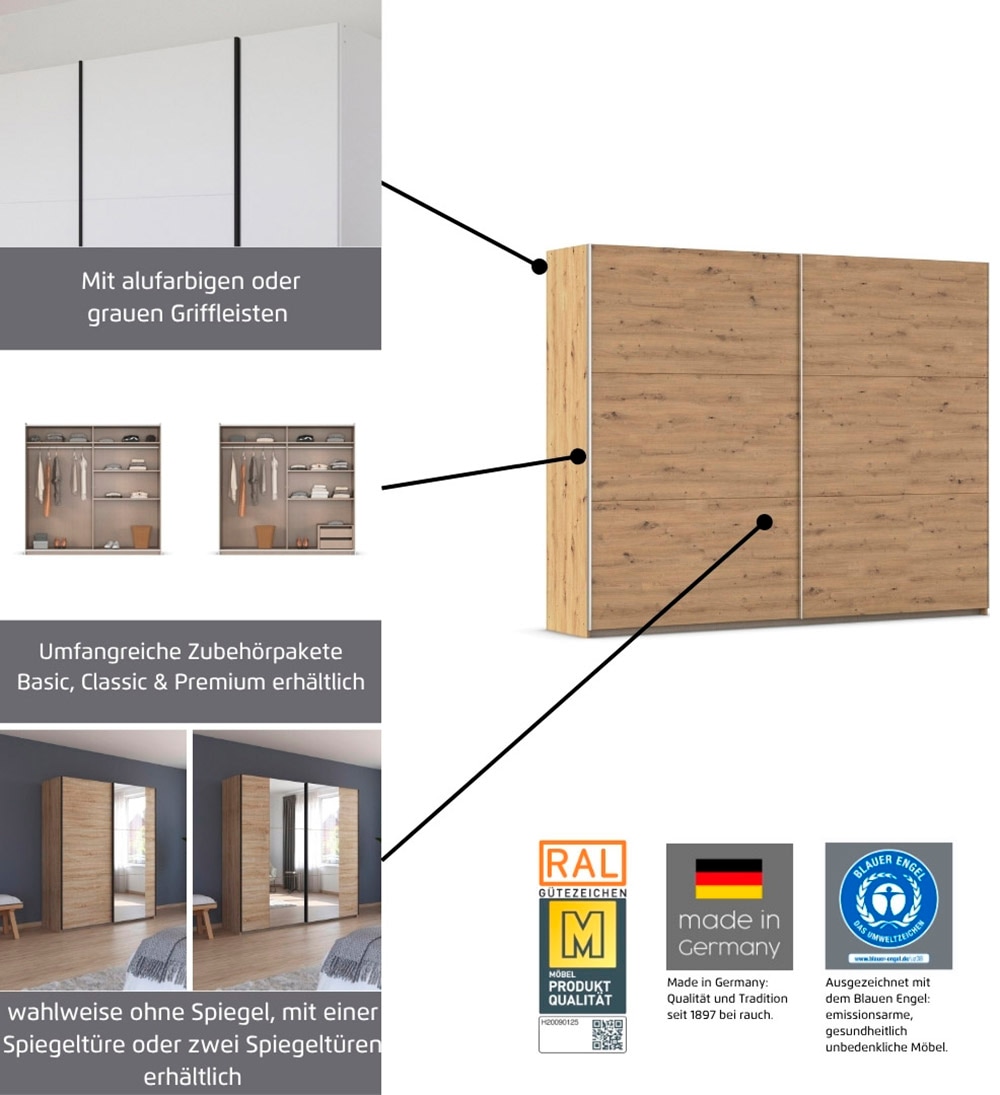 rauch Schwebetürenschrank »Kleiderschrank Drehtürenschrank Schrank Garderobe KRONACH TOPSELLER« in 3 Ausstattungen BASIC/CLASSIC/PREMIUM, Breiten 131/175/218/261 cm,  optional ohne, mit 1 oder 2 Spiegel, viel Stauraum MADE IN GERMANY