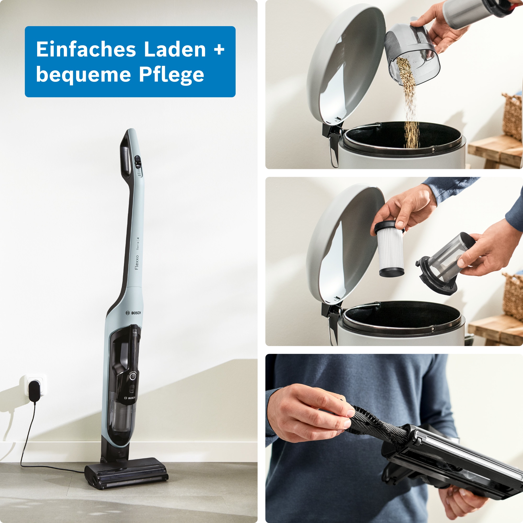 BOSCH Akku-Stielstaubsauger »Flexxo Serie 4 BCH4FM28/BCH4SM28, 2in1 Akku-Staubsauger, freistehend« kabellos, integriertes Zubehör, beutellos, 60 Min. Laufzeit