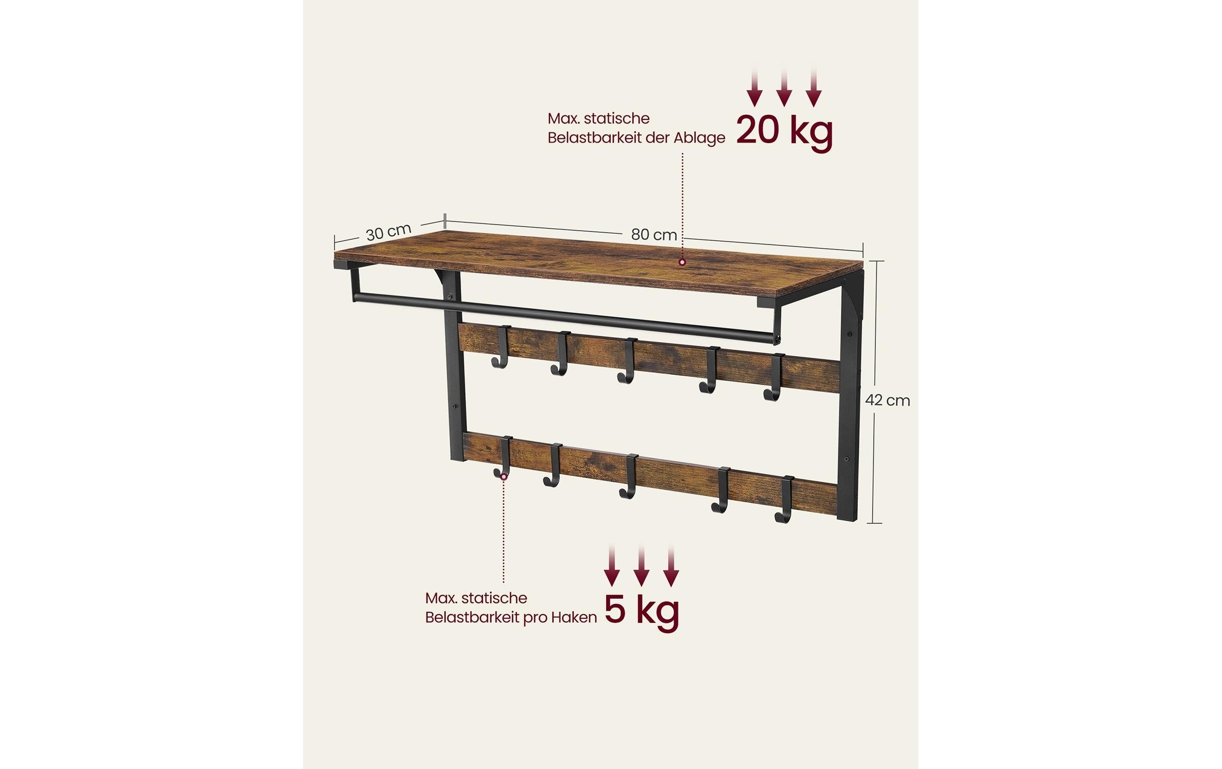 VASAGLE Wandgarderobe »im Industriestil mit Ablage 80 x 30 x 45 cm« Wandregal mit Kleiderstange und 10 Haken