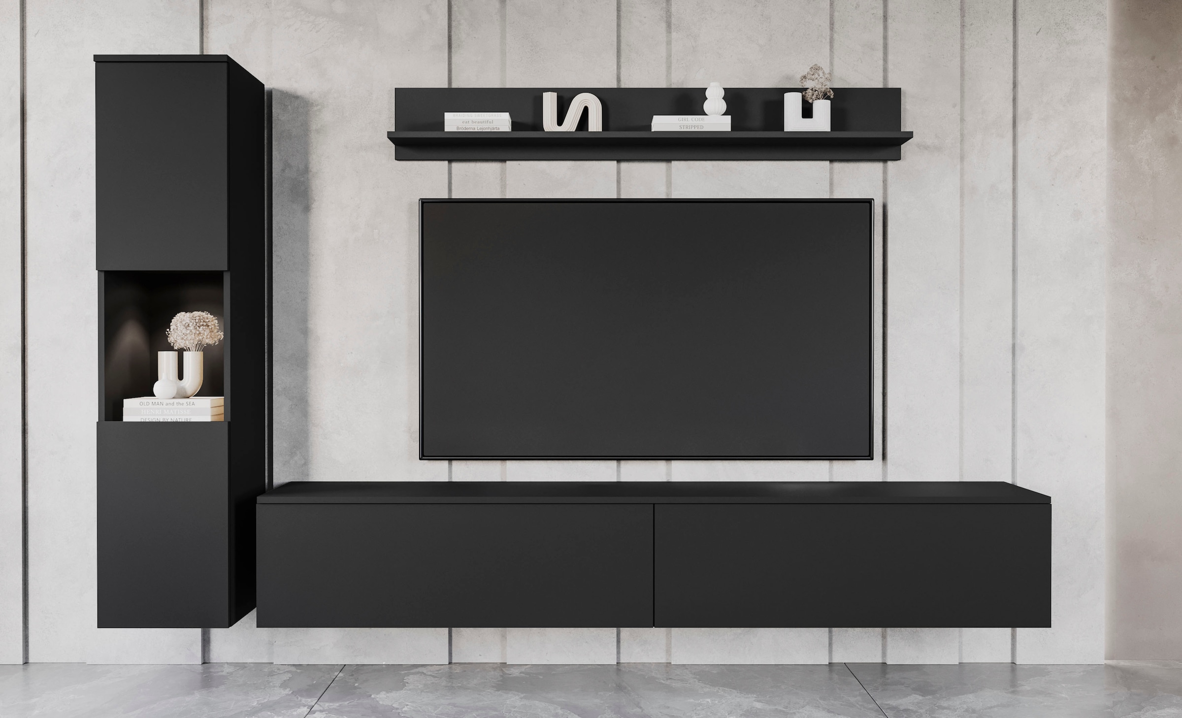 INOSIGN Wohnwand »PARIS, Vitrine Türanschlag links/rechts wechselbar«, (Komplett-Set, 3 St.), grifflose Design, stehend und hängend montierbar