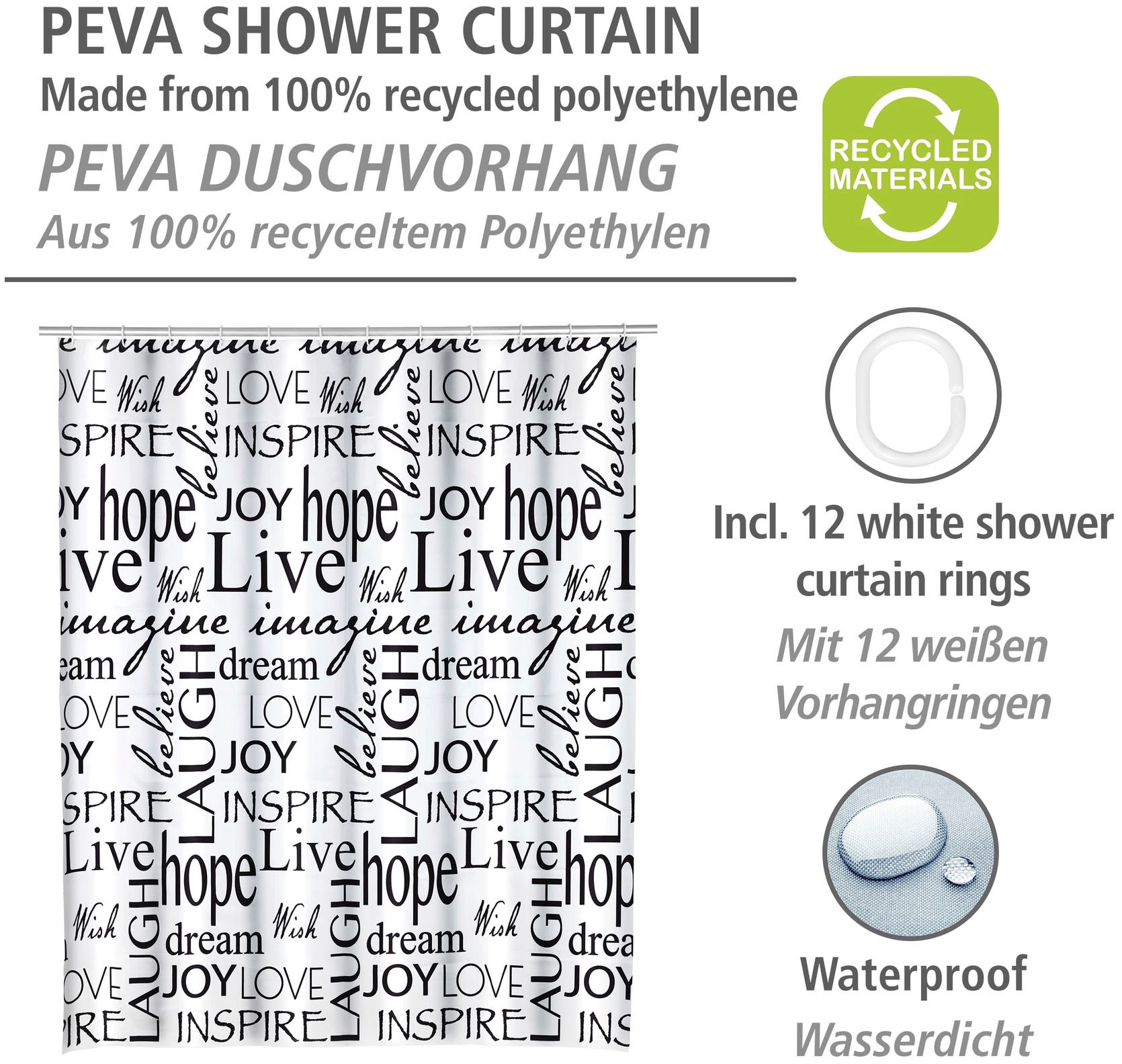 WENKO Duschvorhang "Live" Breite 180 cm Höhe 200 cm, mit Schriftzug-Motiv günstig online kaufen