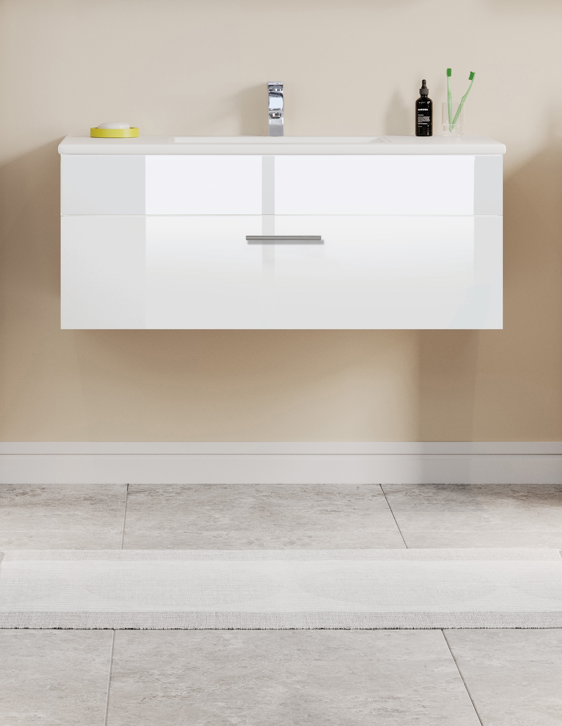 welltime Waschtisch »Trento Light mit Keramik-Auflagebecken«, 1 feste Blende und 1 Auszug, Breite: 101cm, Weiß Hochglanz