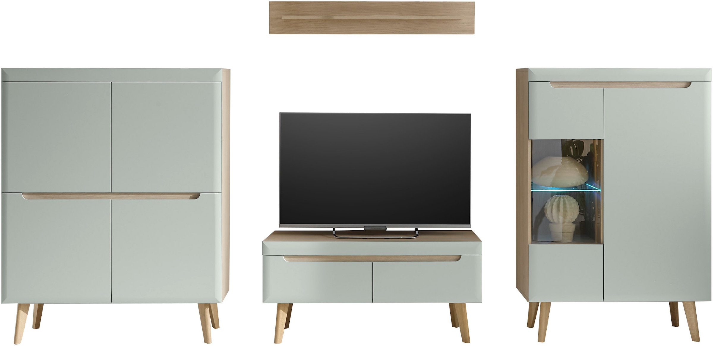 INOSIGN Wohnwand »Torge, Anbauwand, Schrankwand, Mediawand, Wohnzimmer-Set«, (Set, 4 St.), enthält 1 Vitrine, 1 Lowboard, 1 Highboard + 1 Wandboard, 344 cm breit
