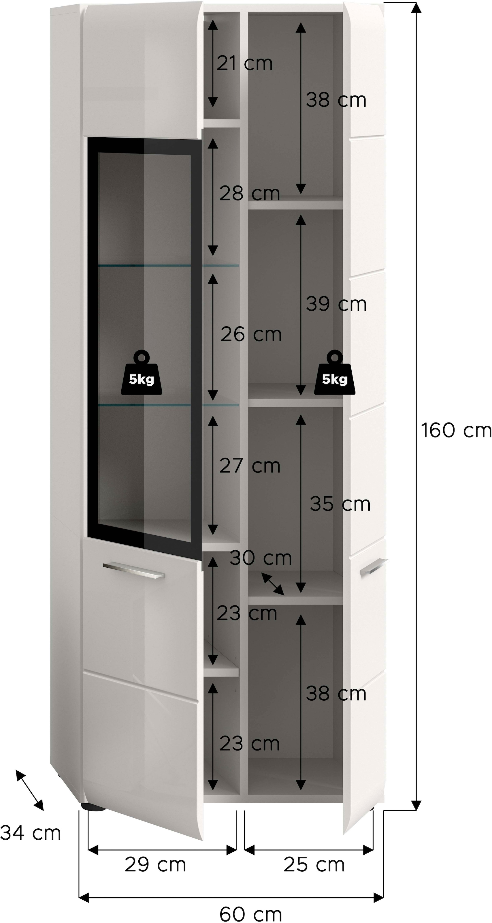 INOSIGN Vitrine »FLORENZ, Höhe: 160 cm, hochwertige MDF-Front, Glastür, Glasböden« 1 Stk. tlg. Vitrine, Vitrine weiß, Vitrinenschrank, Wohnzimmervitrine, Wohnzimmer