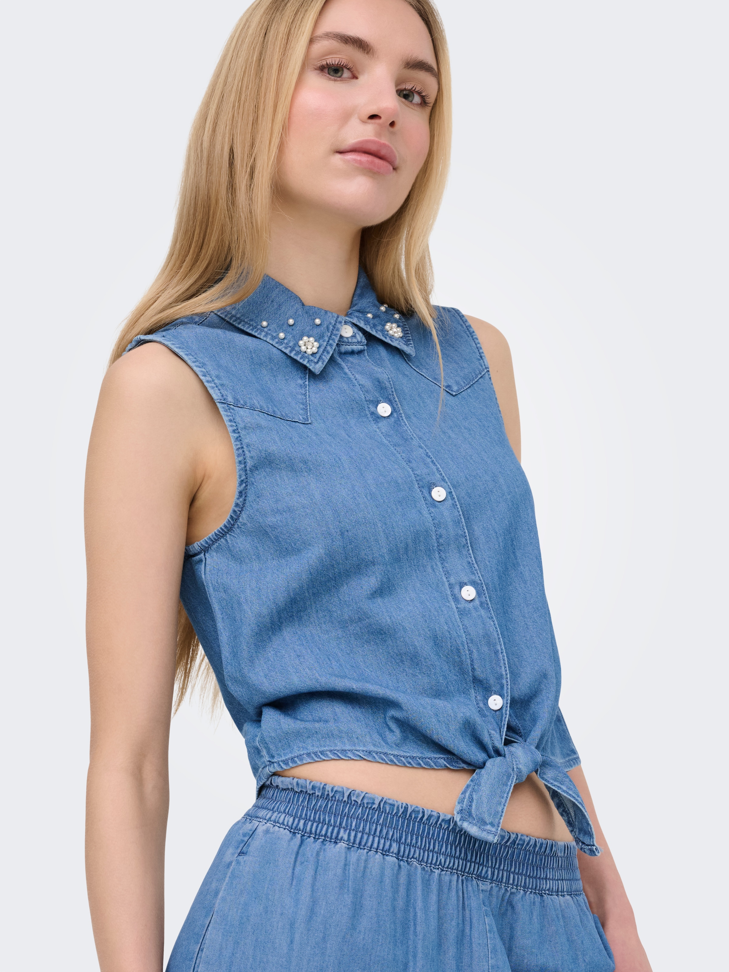 ONLY Jeansbluse »ONLBRIAR S/L PEARL KNOT SHIRT DNM QYT« Baumwolle