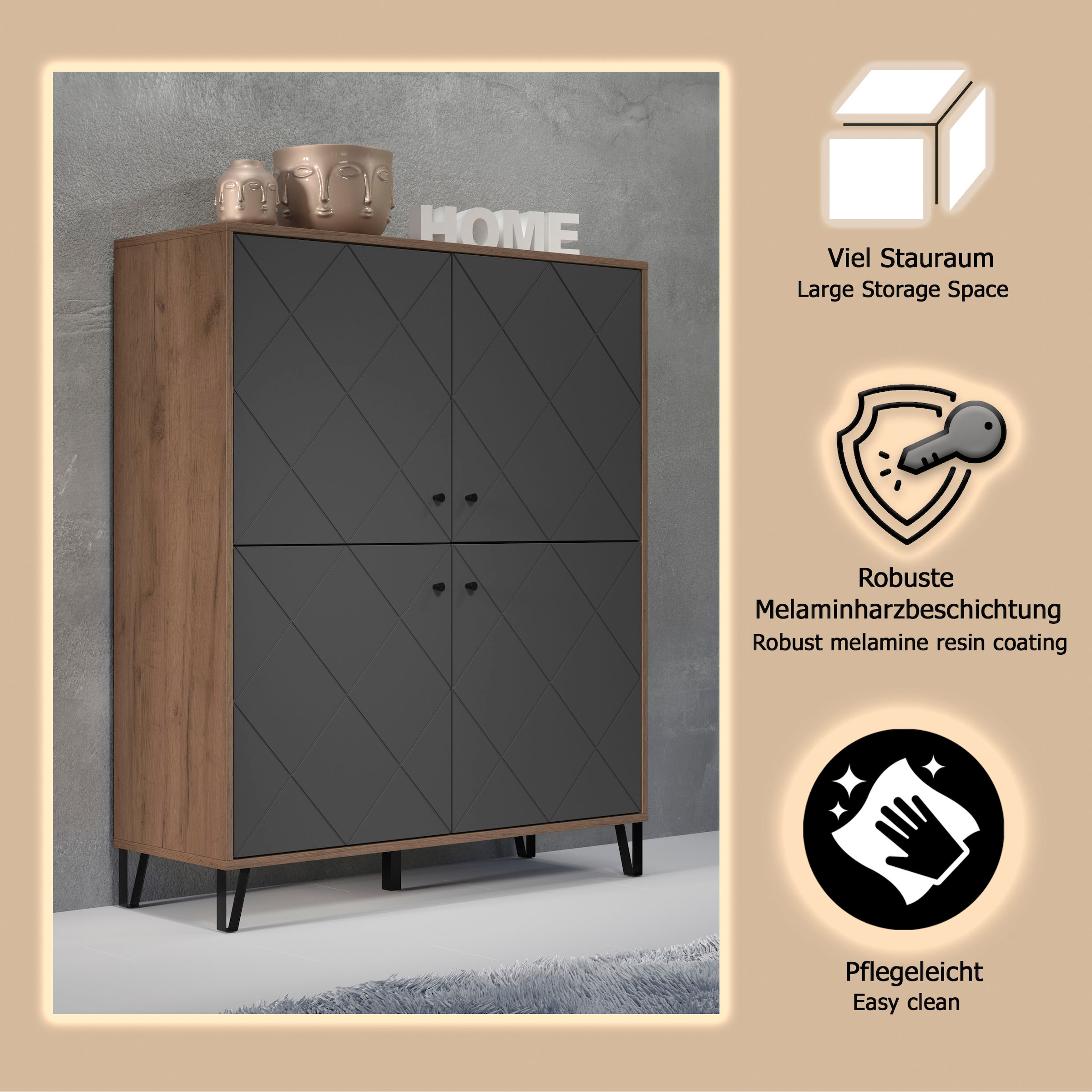 Places of Style Highboard »Molveno«, (1 St.), Highboard mit 4 Türen & Soft-Close - (B/T/H) 123/40/136 cm