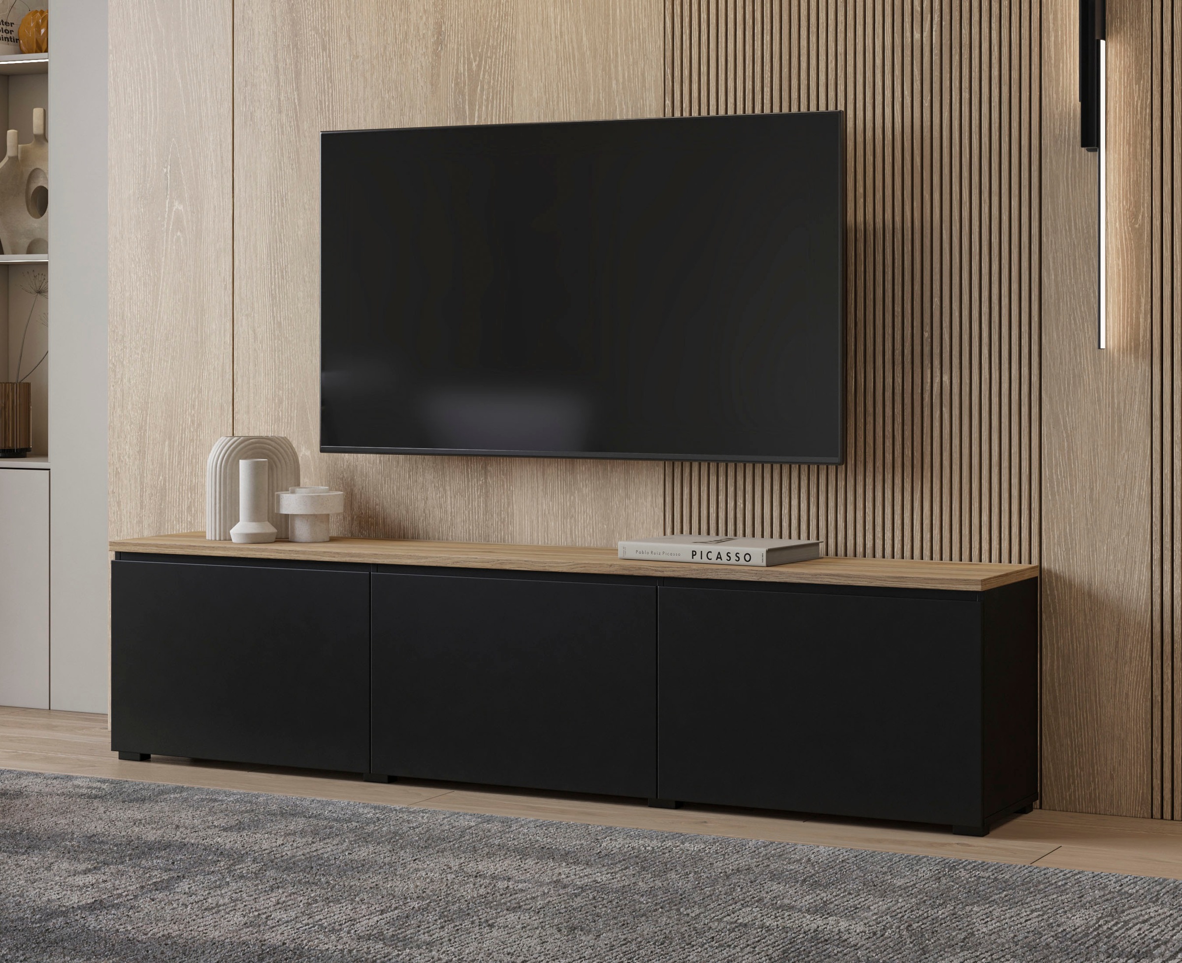 OTTO home Lowboard »Modo, Breite 200 cm, moderne grifflose TV-Kommode 3 Klappen« TV-Kommode mit viel Stauraum, TV-Bank