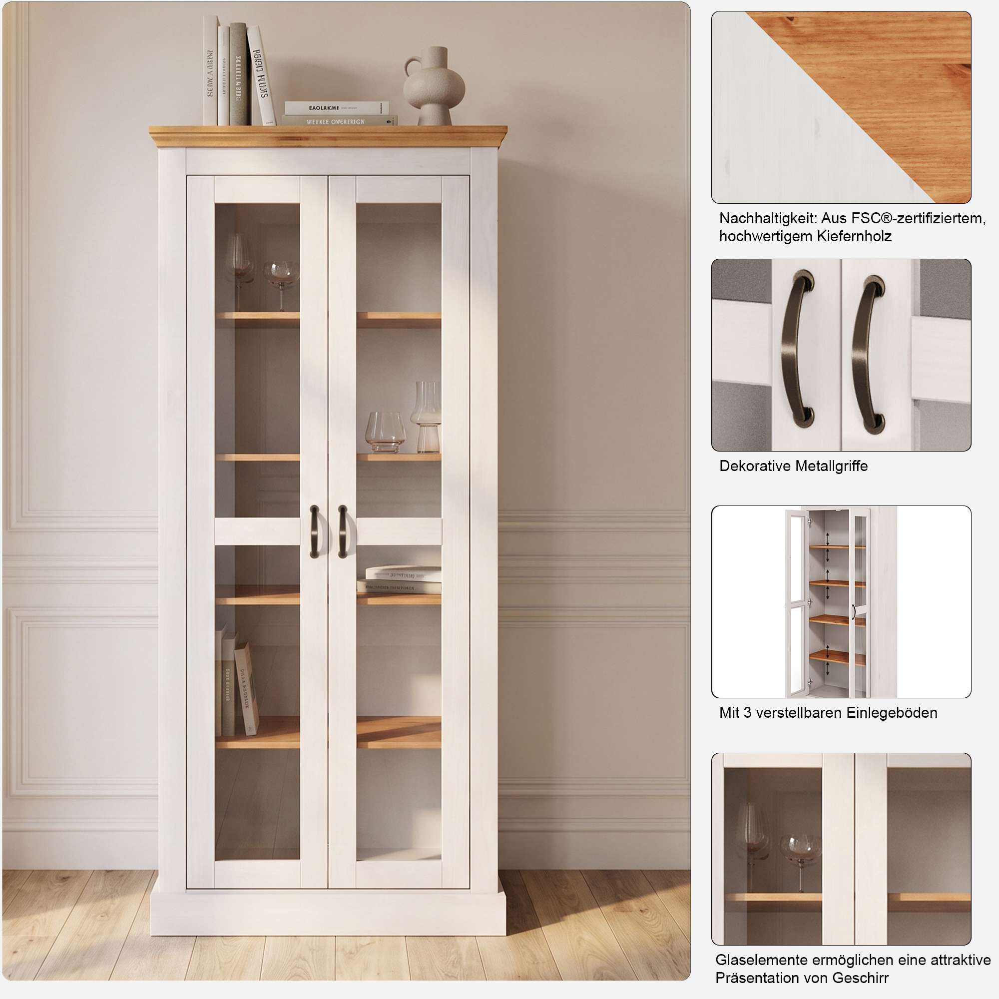 OTTO home Vitrine »Selma Standvitrine, 2 Türen mit Glaseinsatz und 4 Einlegeböden« massives Kiefernholz, Griffe aus Metall, 3 verstellbare Einlegeböden