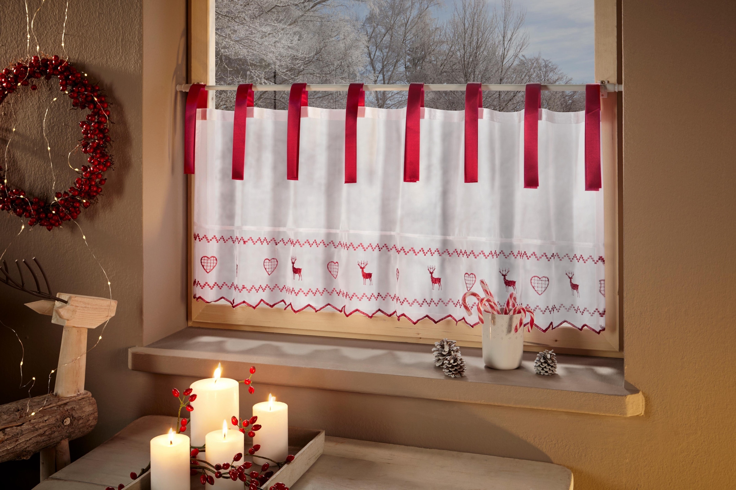 Home affaire Scheibengardine »Heart-Elk«, (1 St.), mit Weihnachttlichen Motiven transparent, bestickt, Voile