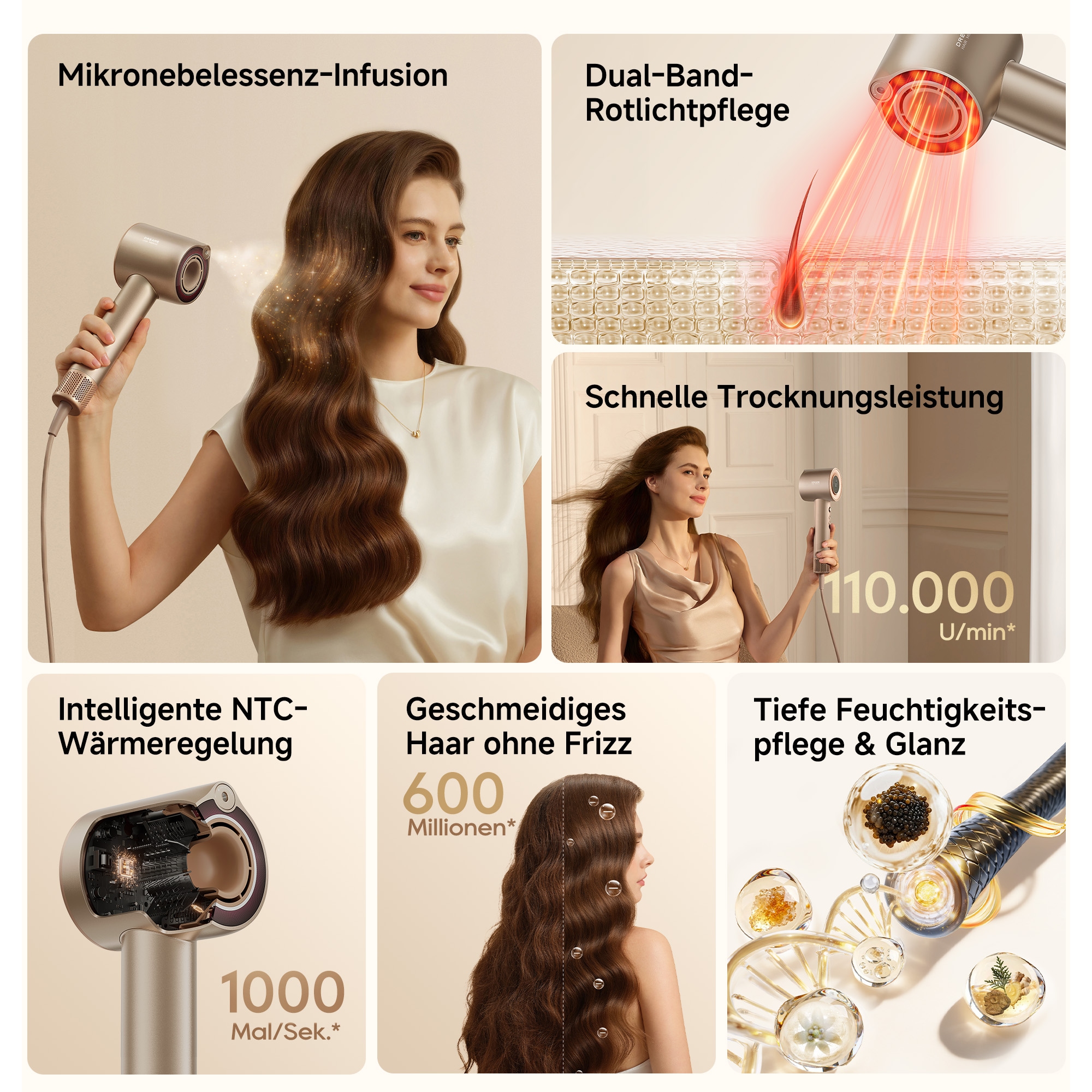 Dreame Haartrockner »Miracle Essence« 1.600 W 2 Aufsätze Essenz-Mikronebel, Rotlichtpflege, Anti-Frizz-Ionen