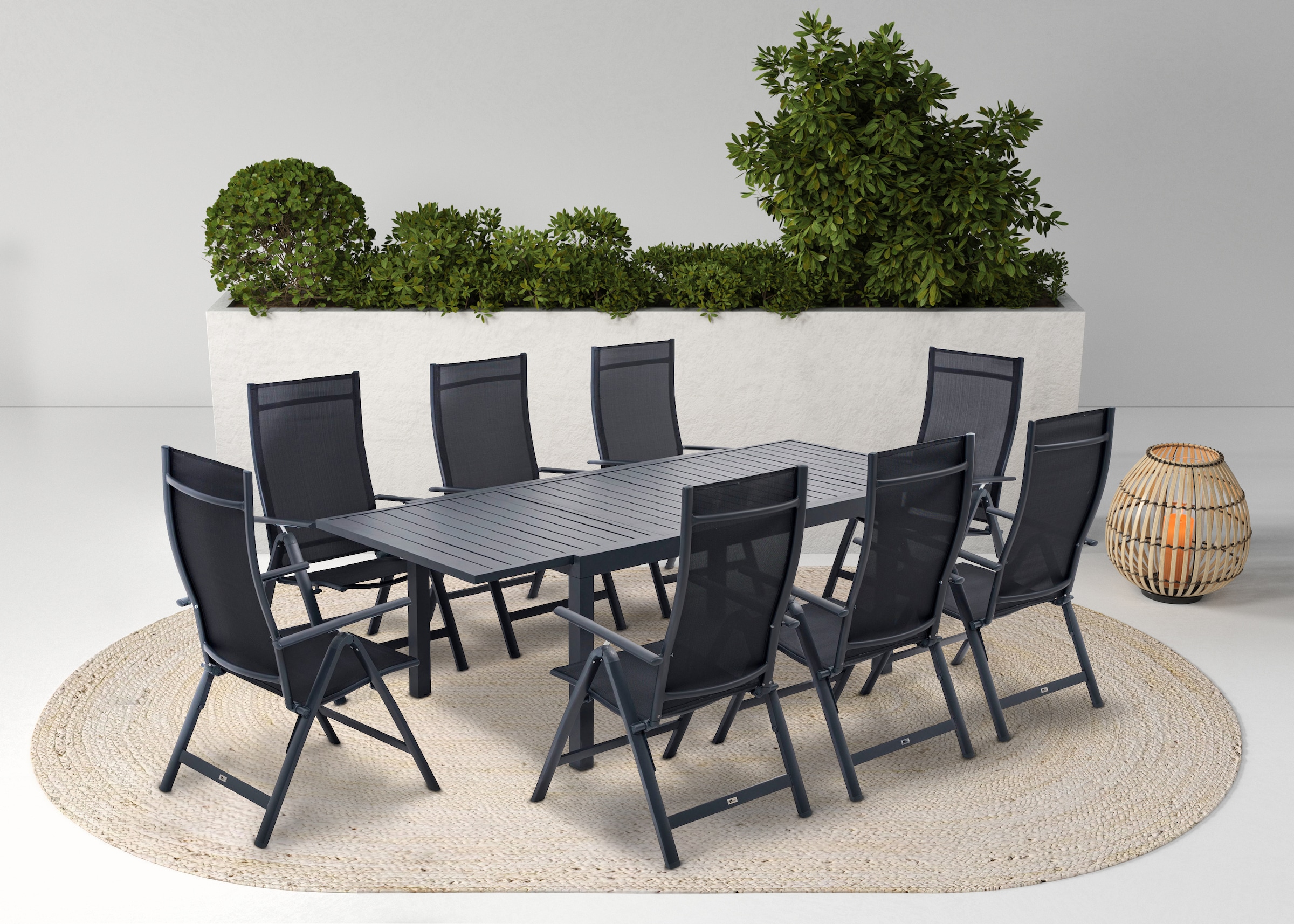 KONIFERA Garten-Essgruppe »Palermo«, (Set, 9 tlg., 8x Sessel, 1x AZ-Tisch 160-240x100 cm, Aluminium, Textilgewebe), klappbar, 7-fach verstellbare Rückenlehne, Tischplatte aus Alulatten