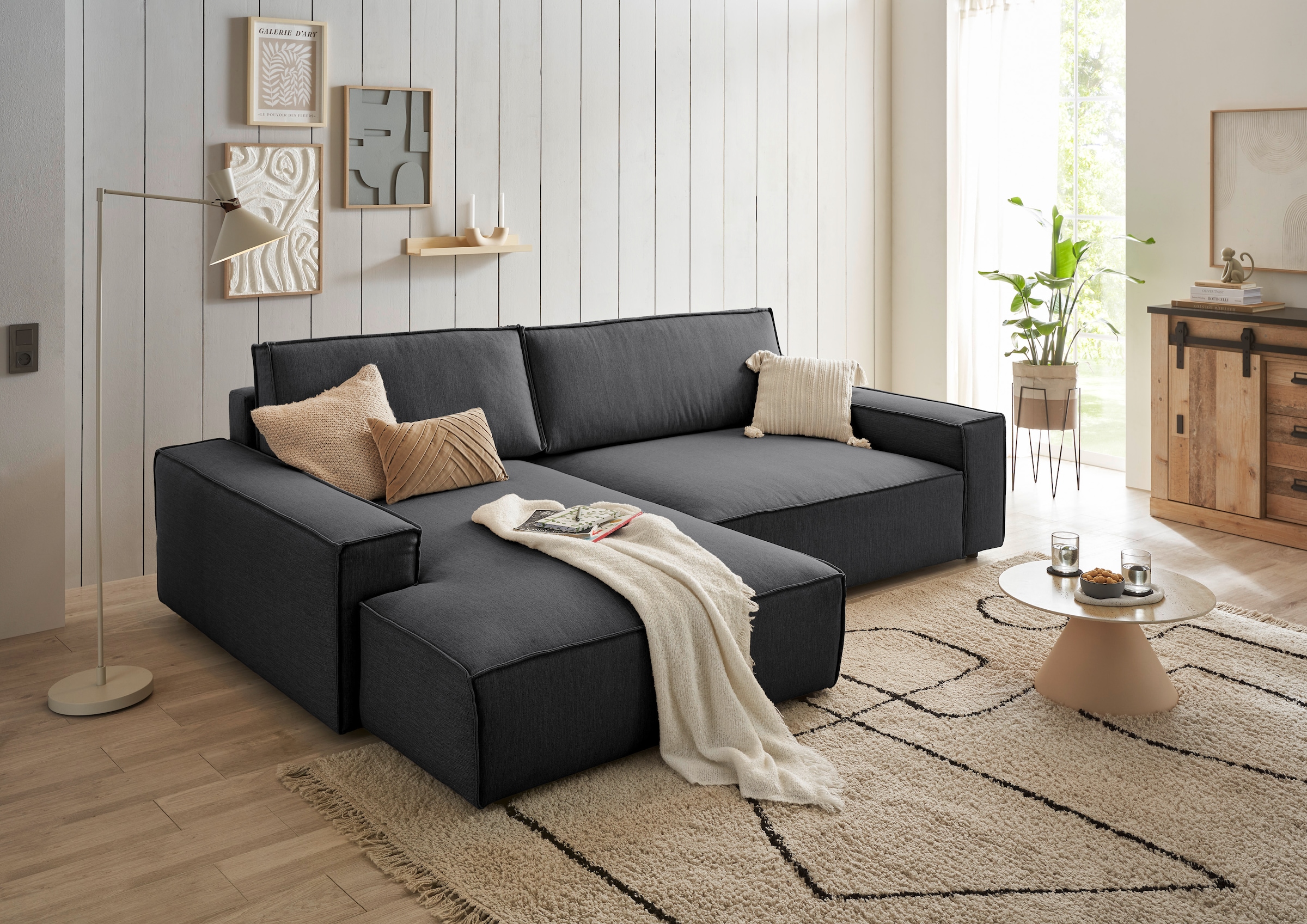 Home affaire Ecksofa »NEU: SHERWOODL XXL 284, Big-Sofa L-Form, tiefe Sitzfläche 95 cm, Cord,«, Leinenoptik, Recamiere rechts/links, auch als Schlafsofa stellbar