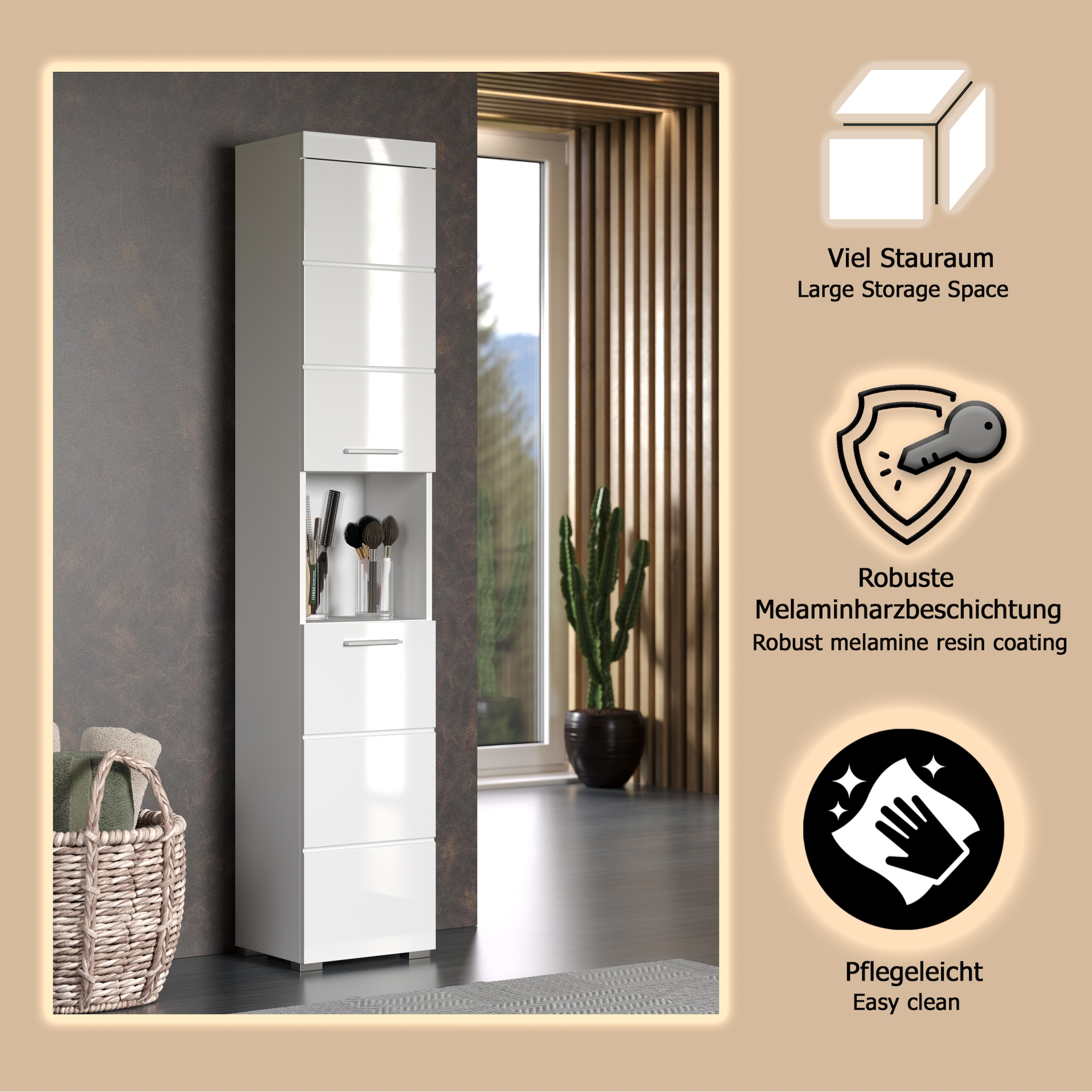 welltime Hochschrank »Avena« Badschrank mit 2 Türen & 1 Fach - (B/T/H) 37/31/190 cm